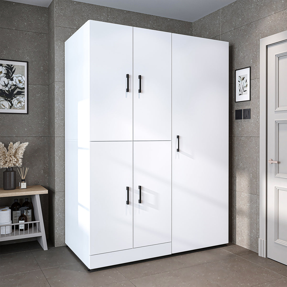 Armadio per lavatrice "DORA SET" per asciugatrice e lavatrice, larghezza 130 cm, in 4 colori, con ante e ripiano estraibile - bianco - rovere bianco - rovere antracite - rovere - armadio per lavatrice, scaffale per lavatrice, torre per lavatrice, armadio, bianco, lavatrice