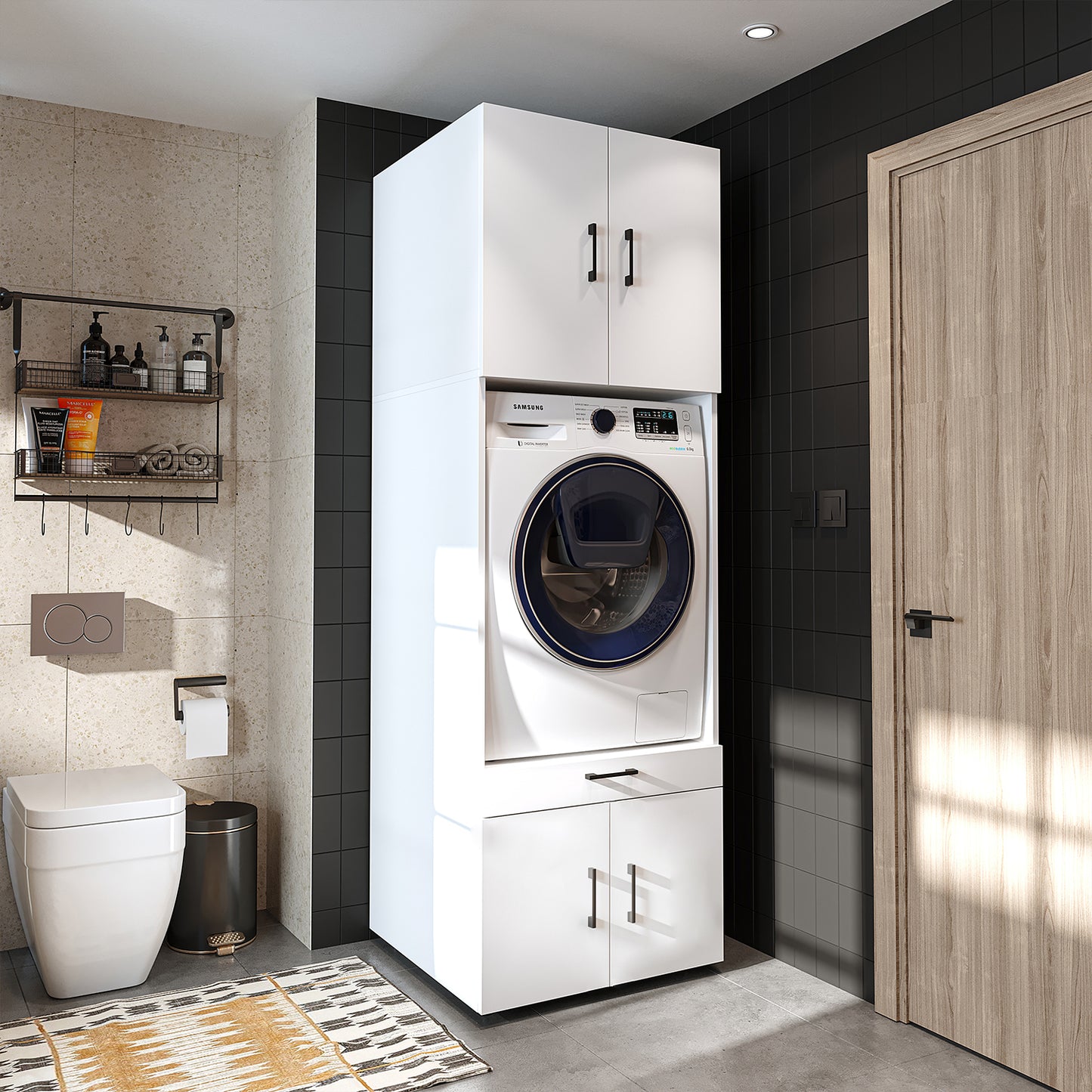 Roomart Waschmaschinenschrank mit Schrankaufsatz 62cm • HBT: 205x67x66,8 cm • mit Ausziehbrett • Weiß • Schwarz eiche-waschmaschinenschrank, waschmaschinenregal, waschturm, schrank, weiß, waschmaschinen, unterschrank, waschmaschine, trockner, haushaltssch