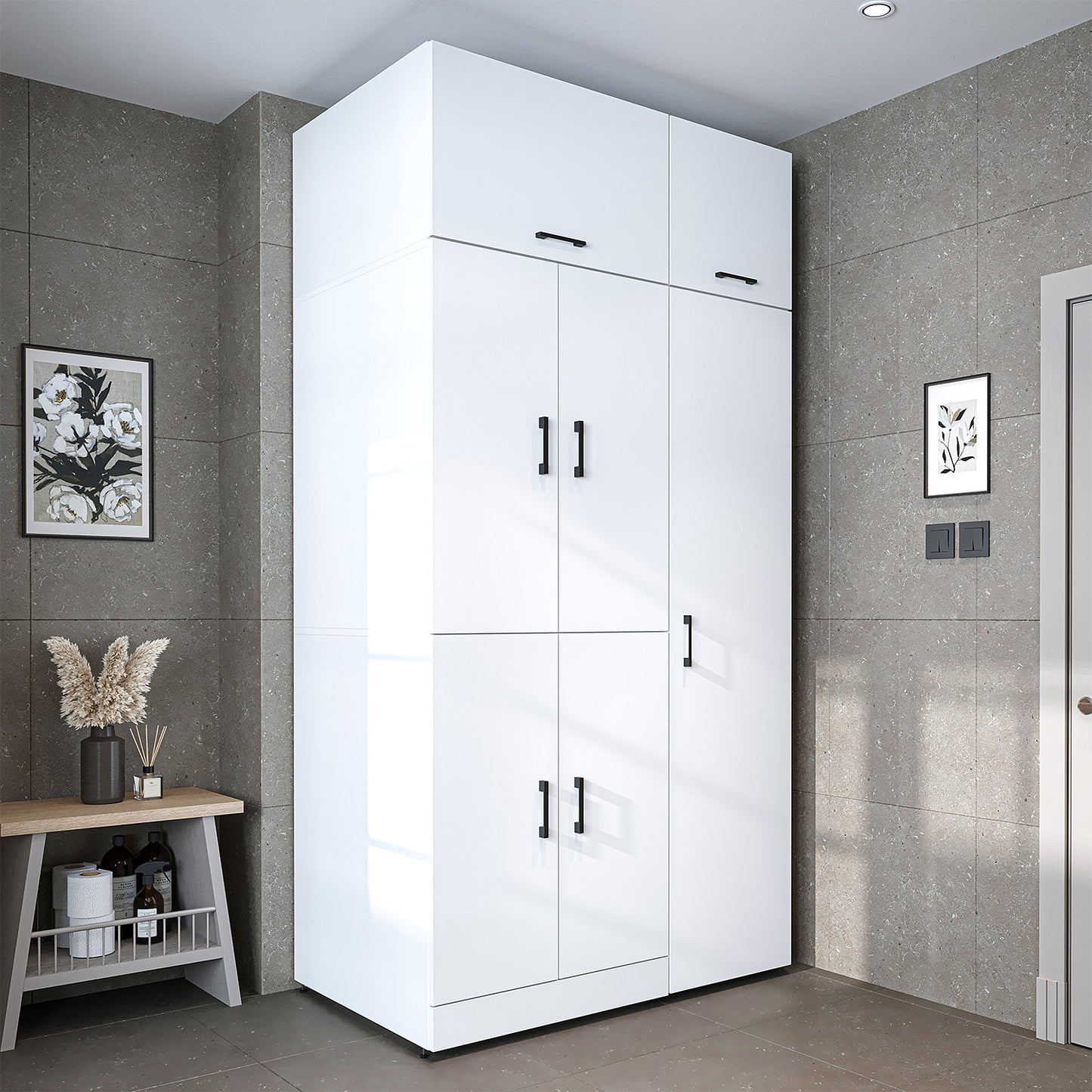 Roomart Waschmaschinenschrank " DORA SET" für Trockner & Waschmaschine, 115 cm breit, in 4 Farben, mit Türen & Ausziehbrett • Weiß • Weiß Eiche • Anthrazit Eiche • Eiche - waschmaschinenschrank, waschmaschinenregal, waschturm, schrank, weiß, waschmaschine