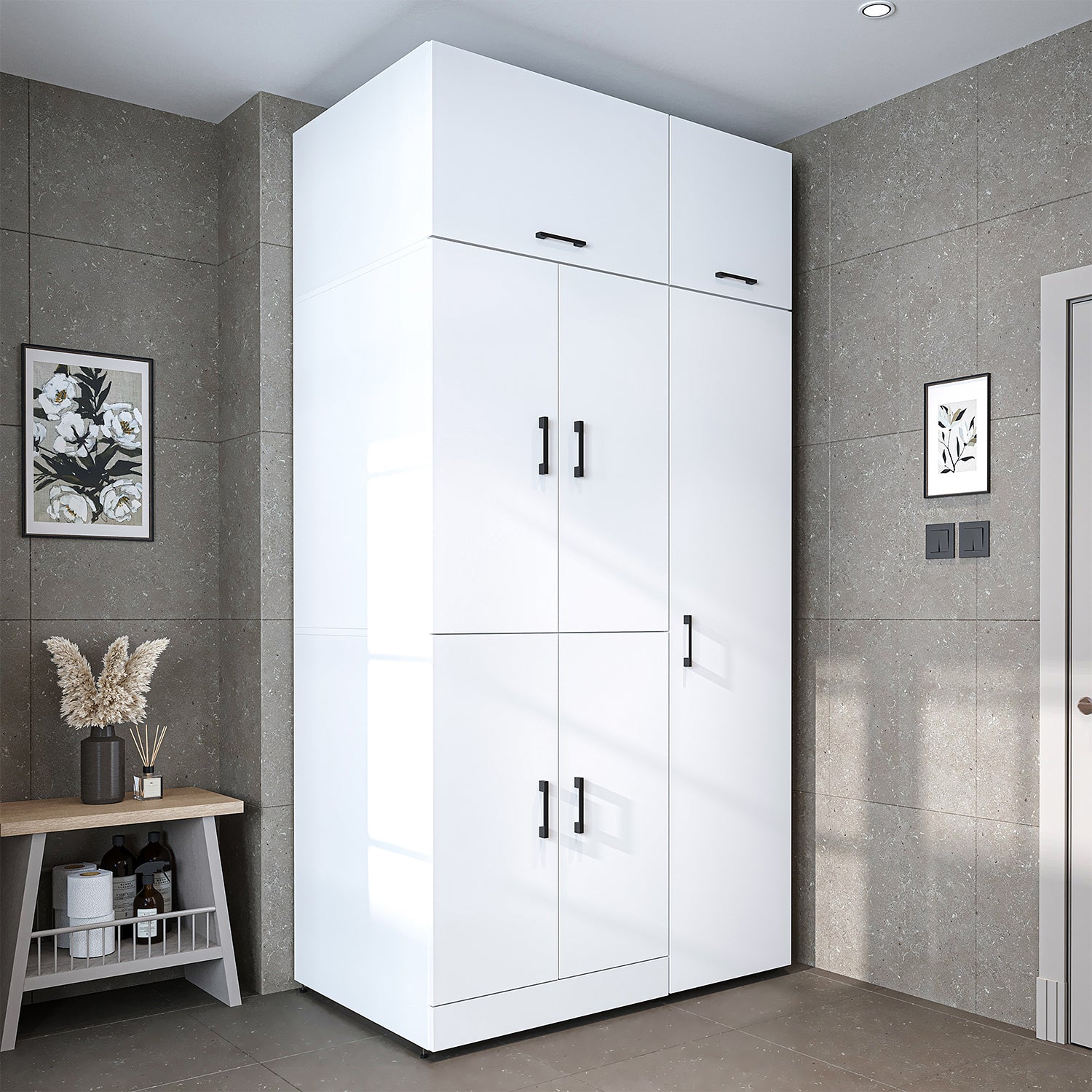 Roomart washing machine cabinet " DORA SET" for dryer & washing machine, 115 cm wide, in 4 colors, with doors & pull-out shelf - white - white oak - anthracite oak - oak - washing machine cabinet, washing machine shelf, washing tower, cabinet, white, washing machine