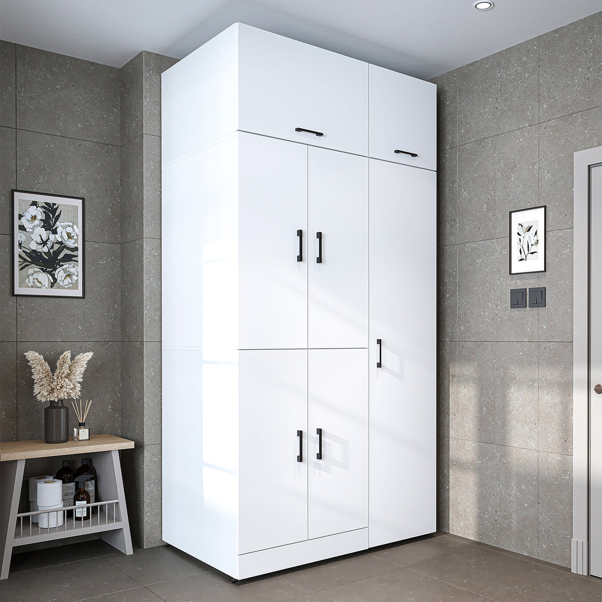 Armadio per lavatrice "DORA SET" per asciugatrice e lavatrice, larghezza 115 cm, in 4 colori, con ante e ripiano estraibile - bianco - rovere bianco - rovere antracite - rovere - armadio per lavatrice, scaffale per lavatrice, torre per lavatrice, armadio, bianco, lavatrice