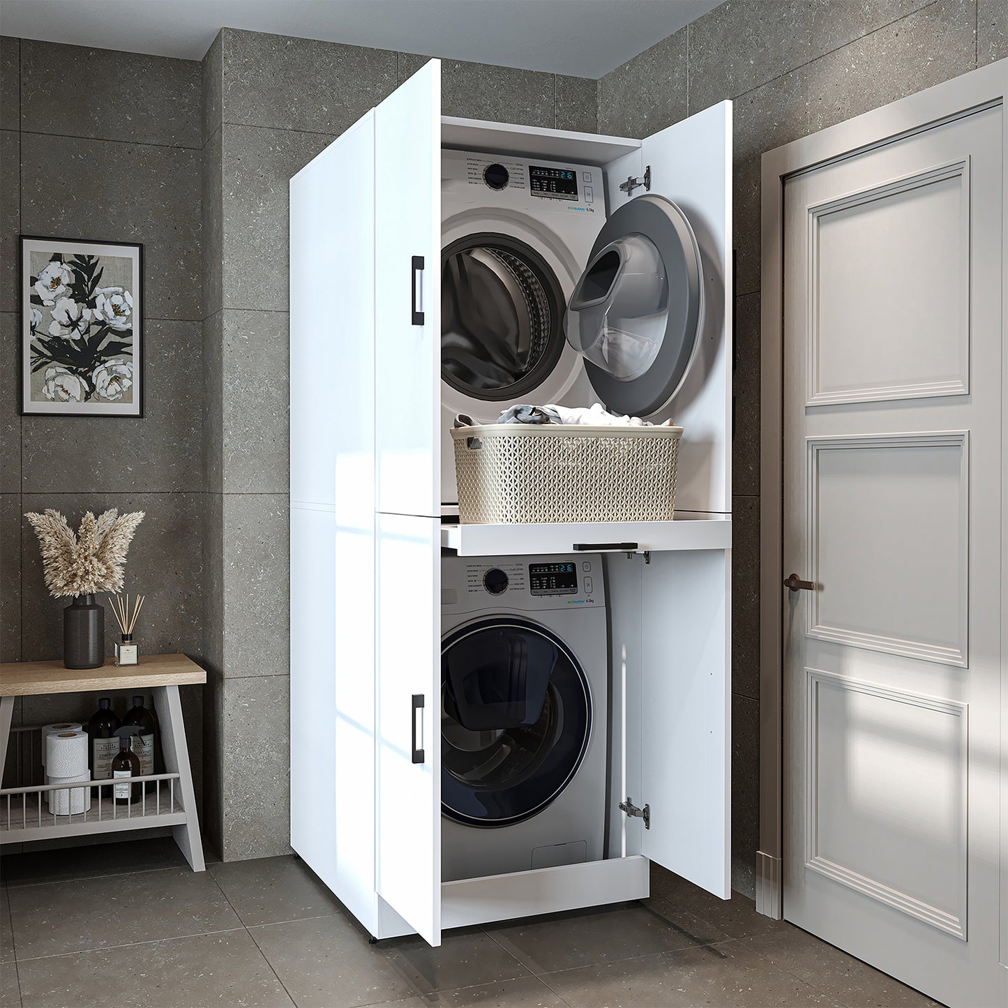 Roomart Waschmaschinenschrank " DORA " für Trockner & Waschmaschine, in 4 Farben, mit Türen & Ausziehbrett • Weiß • Weiß Eiche • Anthrazit Eiche • Eiche - waschmaschinenschrank, waschmaschinenregal, waschturm, schrank, weiß, waschmaschinen, unterschrank,