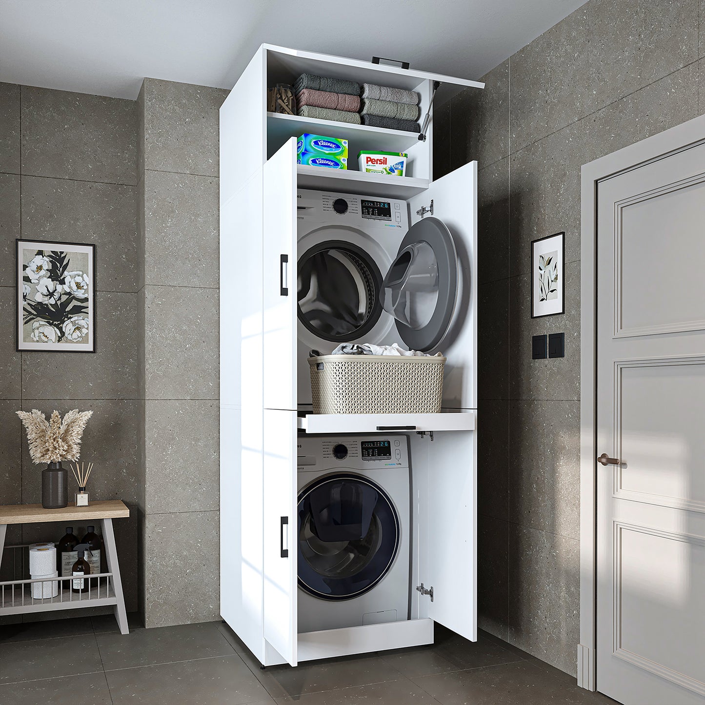 Roomart Waschmaschinenschrank " DORA " für Trockner & Waschmaschine, in 4 Farben, mit Türen & Ausziehbrett • Weiß • Weiß Eiche • Anthrazit Eiche • Eiche - waschmaschinenschrank, waschmaschinenregal, waschturm, schrank, weiß, waschmaschinen, unterschrank,