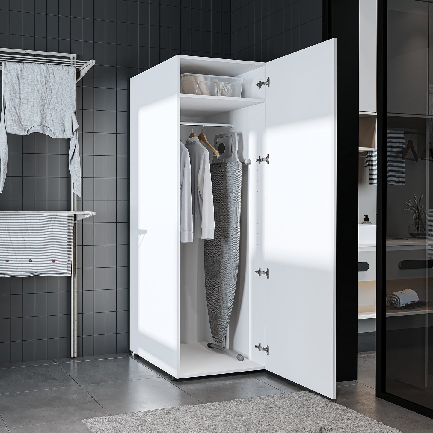 Roomart • DORA Hochschrank 60cm Breit • Weiß • Weiß Eiche • Eiche • Anthracit Eiche - waschmaschinenschrank, waschmaschinenregal, waschturm, schrank, weiß, waschmaschinen, unterschrank, waschmaschine, trockner, haushaltsschrank, schränke, badschrank, hoch