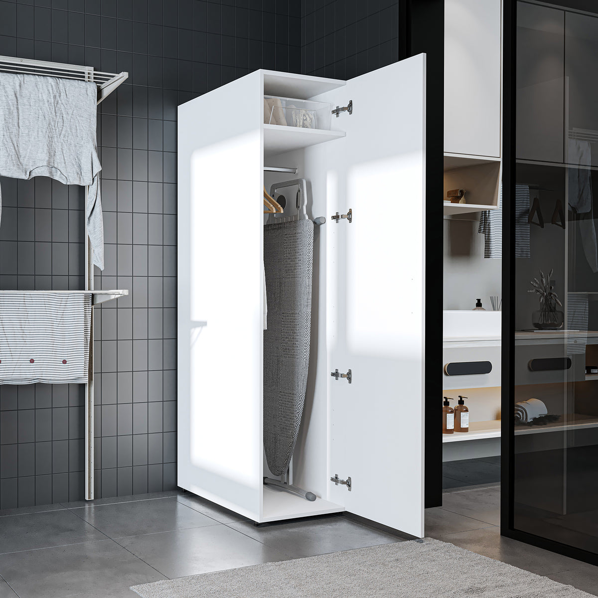 Roomart - DORA Armario alto 45cm ancho - Blanco - Roble blanco - Roble - Roble antracita - armario lavadora, estante lavadora, torre lavadora, armario, blanco, lavadoras, armario bajo, lavadora, secadora, armario hogar, armarios, armario baño, alto