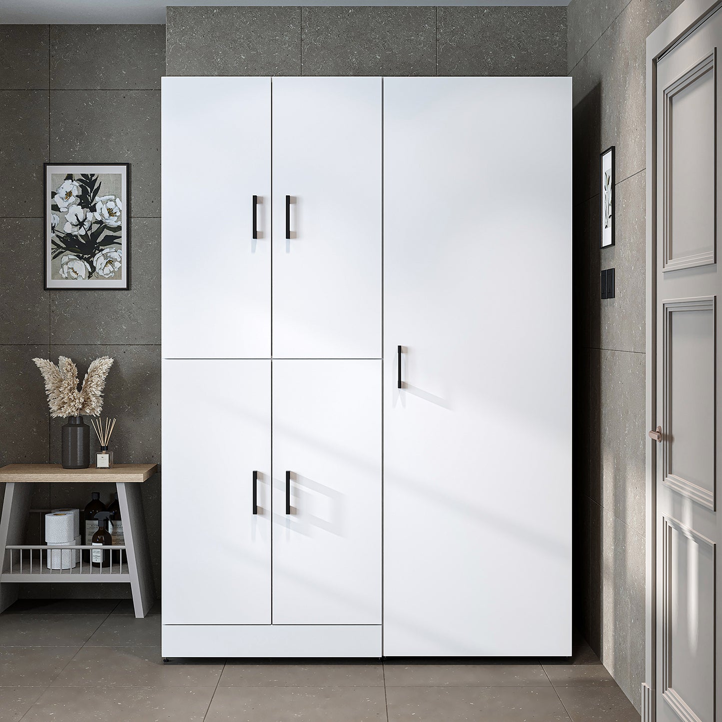 Roomart Waschmaschinenschrank " DORA SET" für Trockner & Waschmaschine, 130 cm breit, in 4 Farben, mit Türen & Ausziehbrett • Weiß • Weiß Eiche • Anthrazit Eiche • Eiche - waschmaschinenschrank, waschmaschinenregal, waschturm, schrank, weiß, waschmaschine