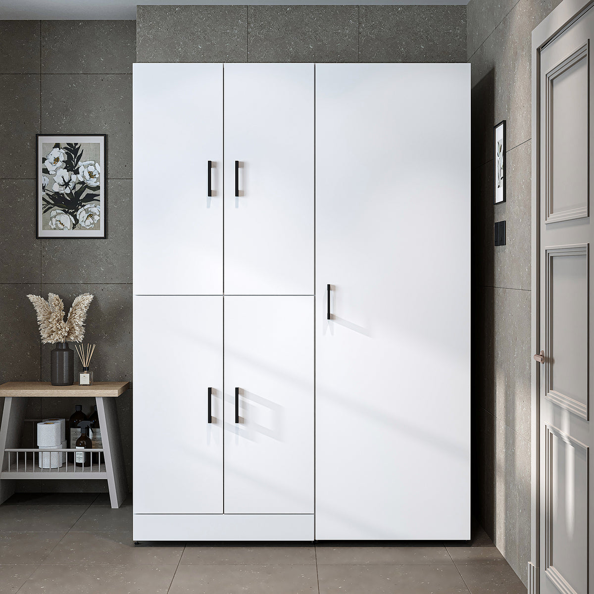 Armadio per lavatrice "DORA SET" per asciugatrice e lavatrice, larghezza 130 cm, in 4 colori, con ante e ripiano estraibile - bianco - rovere bianco - rovere antracite - rovere - armadio per lavatrice, scaffale per lavatrice, torre per lavatrice, armadio, bianco, lavatrice