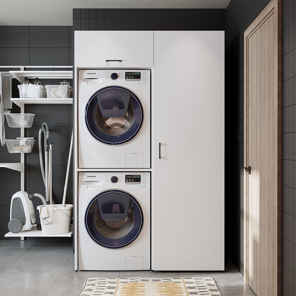 Roomart DUO Waschmaschinenschrank Trockner auf Waschmaschine • 127 cm breit • Weiß, Eiche Waschmaschinenschrank - waschmaschinenschrank, waschmaschinenregal, waschturm, schrank, weiß, waschmaschinen, unterschrank, waschmaschine, trockner, haushaltsschrank