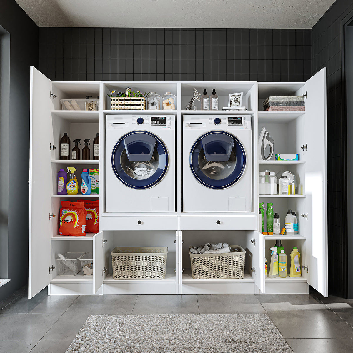 Ver detalles de Roomart Armario para lavadora y mueble alto para lavadero y cuarto de servicio - 224 cm de ancho - con práctico estante extraíble - disponible en blanco, roble o roble negro Roomart Armario para lavadora y mueble alto para lavadero y cuarto de servicio - 224 cm de ancho - con práctico estante extraíble - disponible en blanco, roble o roble negro