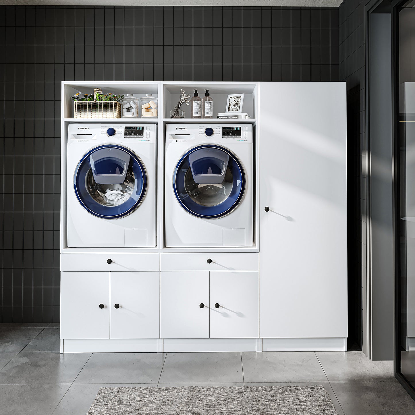 Roomart Schrankwand für Waschküche & Hauswirtschaftsraum, in 3 Farben, Mit Ausziehbrett • Weiß • Schwarz eiche - waschmaschinenschrank, waschmaschinenregal, waschturm, schrank, weiß, waschmaschinen, unterschrank, waschmaschine, trockner, haushaltsschrank,