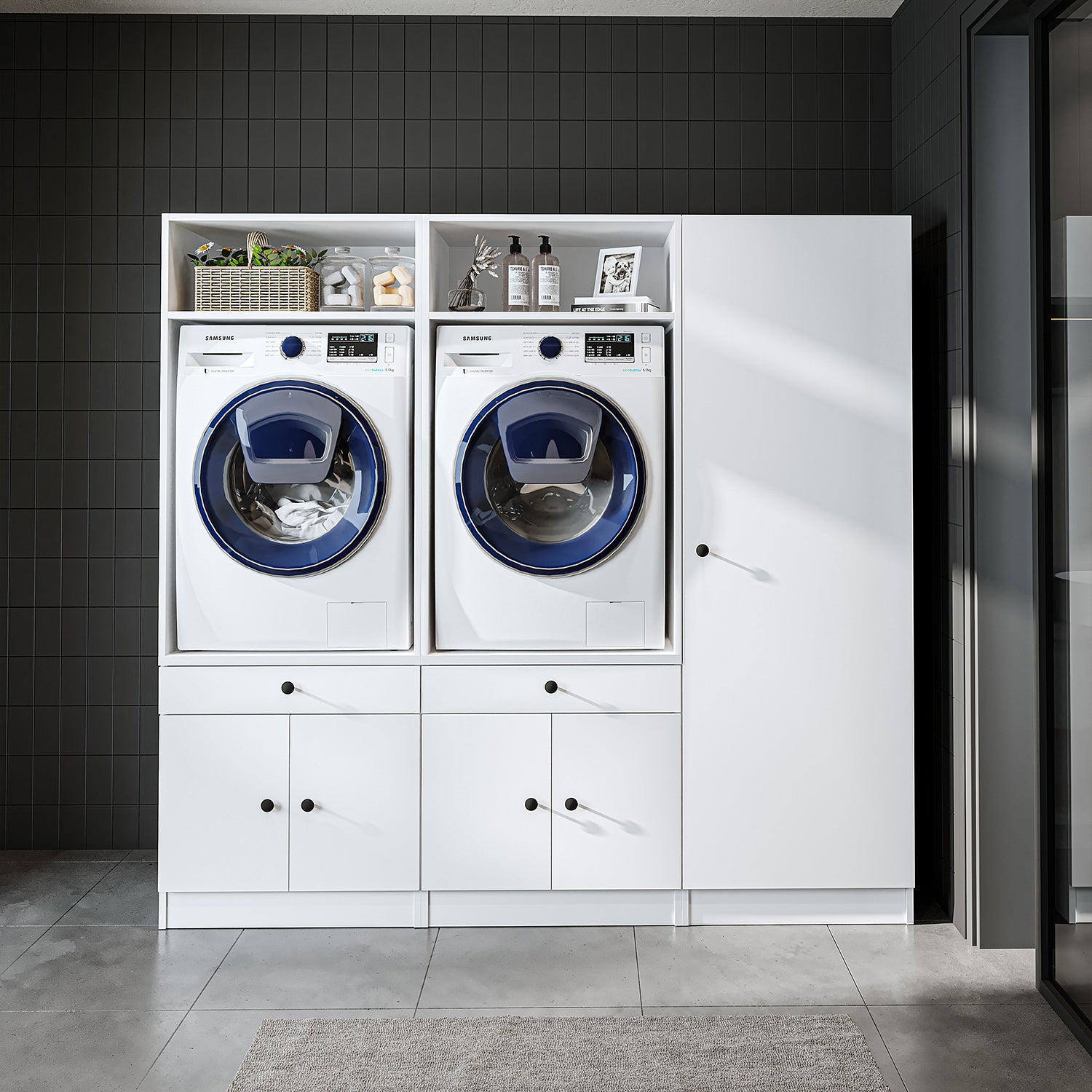 Mueble de pared Roomart para lavadero y cuarto de servicio, en 3 colores, con estante extraíble - blanco - roble negro - mueble para lavadora, estante para lavadora, torre para lavadora, mueble, blanco, lavadoras, mueble bajo, lavadora, secadora, mueble doméstico,