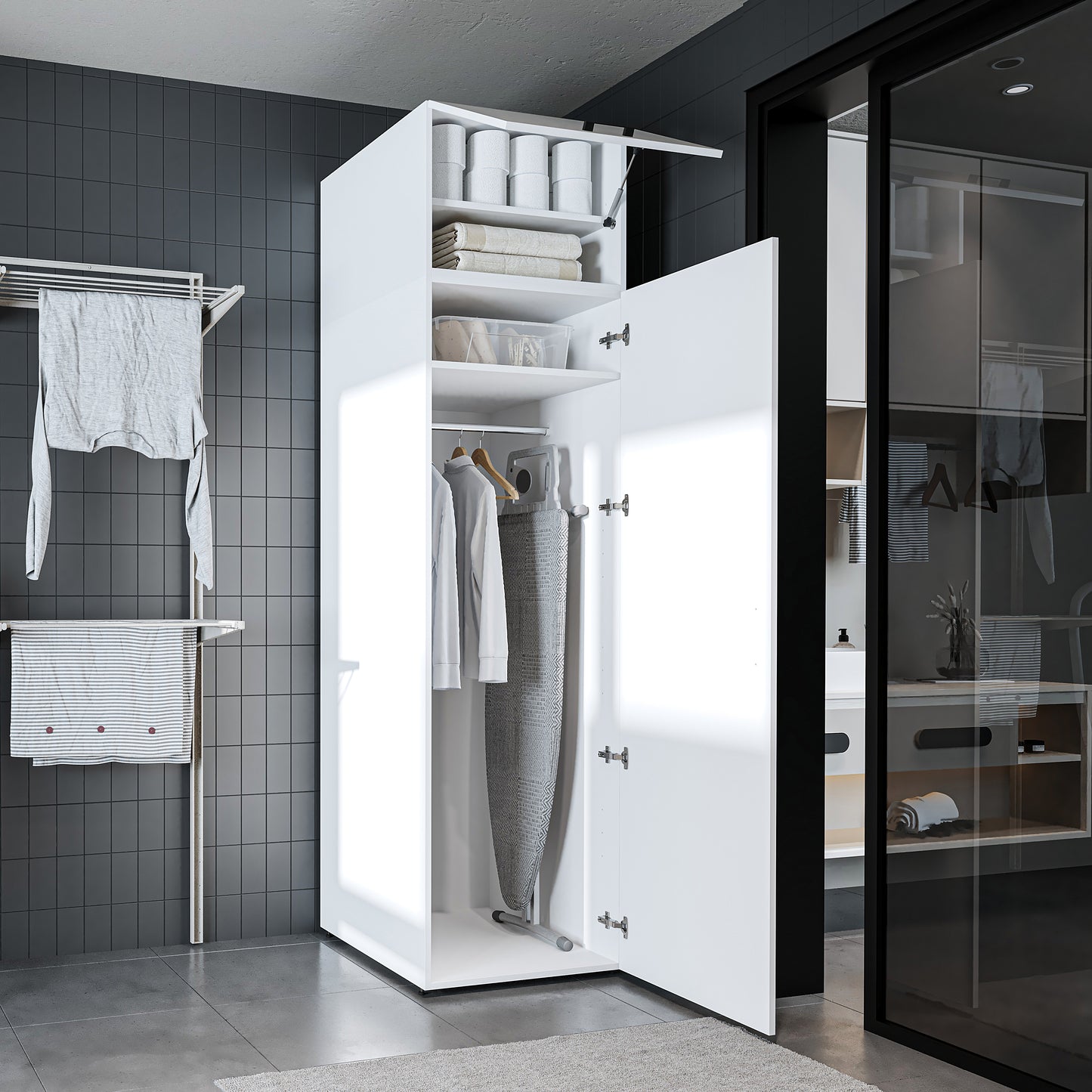 Roomart • DORA Hochschrank 60cm Breit • Weiß • Weiß Eiche • Eiche • Anthracit Eiche - waschmaschinenschrank, waschmaschinenregal, waschturm, schrank, weiß, waschmaschinen, unterschrank, waschmaschine, trockner, haushaltsschrank, schränke, badschrank, hoch