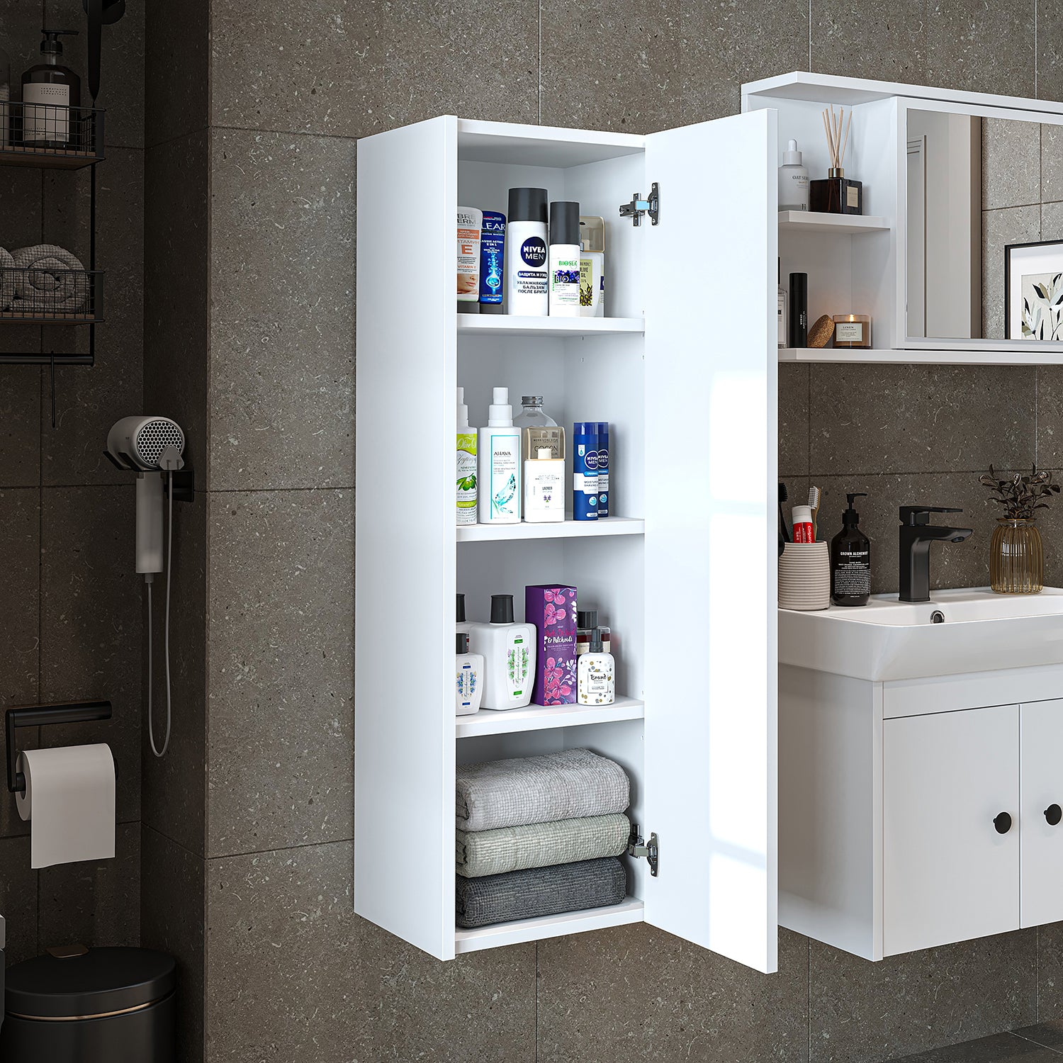 Roomart Seitenschrank „ADA“ – moderner 110 cm Bad-Hängeschrank mit Softclose – in Weiß, Eiche, Anthrazit oder Schwarz - Hängeschrank, wand,  hochschrank, hochschrank weiß, 60 cm breit, küche, waschküche, wohnzimmer, schmal, 40 cm breit landhausstil, stang