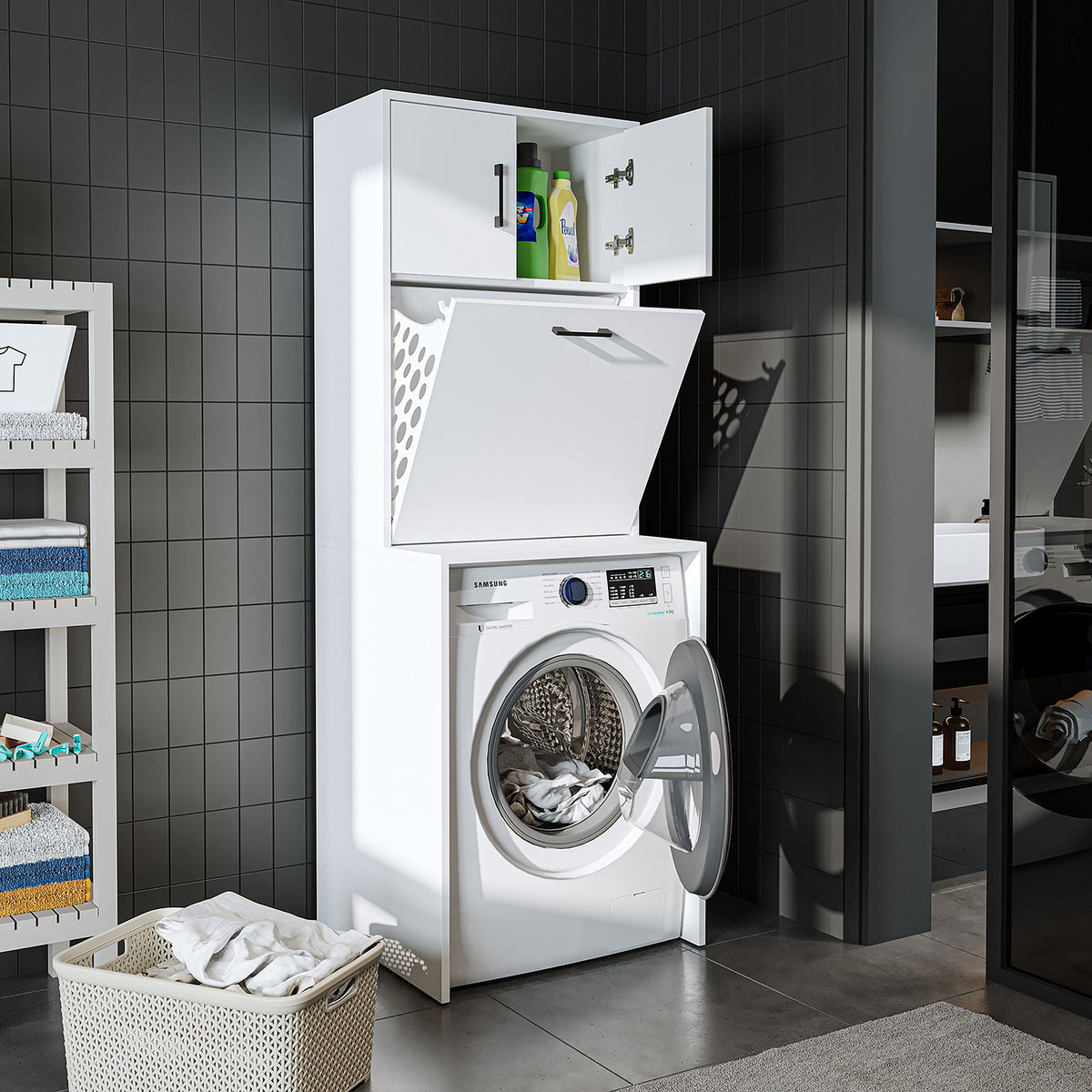 Roomart, washing machine cabinet LUNA, washing machine superstructure with laundry basket, WDH: 65 X 181 X 65 cm, in white, oak, anthracite oak, oak - washing machine cabinet, washing machine shelf, washing tower, cabinet, white, washing machines, base cabinet, washing machine, t