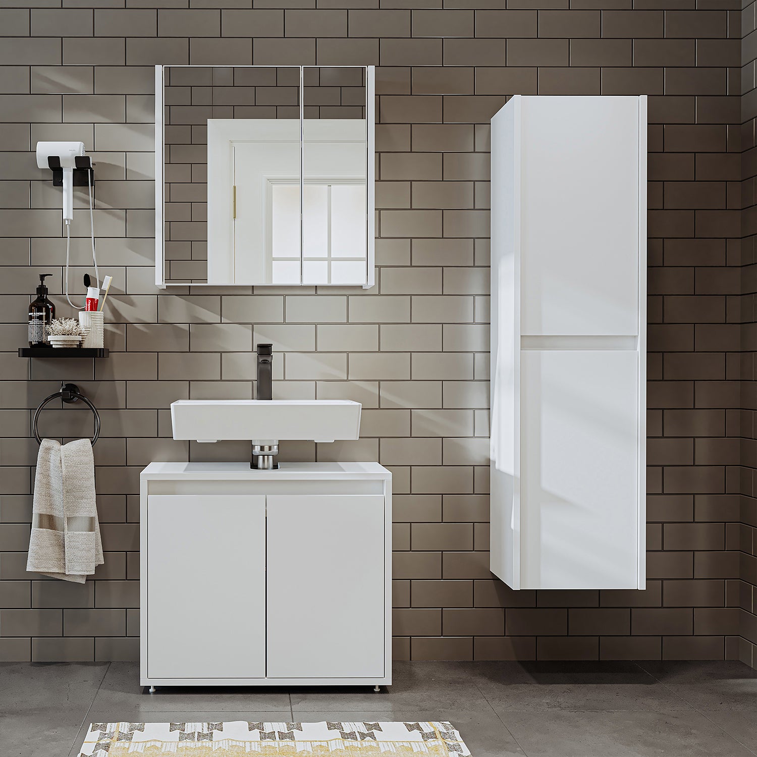 Roomart Badmöbel Set MELONA 3-teilig, in 4 Farben, 65cm Unterschrank • Spiegelschrank • Hochschrank-badezimmerschrank, waschbecken, badezimmermöbel, badschrank, badezimmer, mit, unterschrank, badmöbel, set, waschtisch, möbel, badezimmermãbel, bad, badezim
