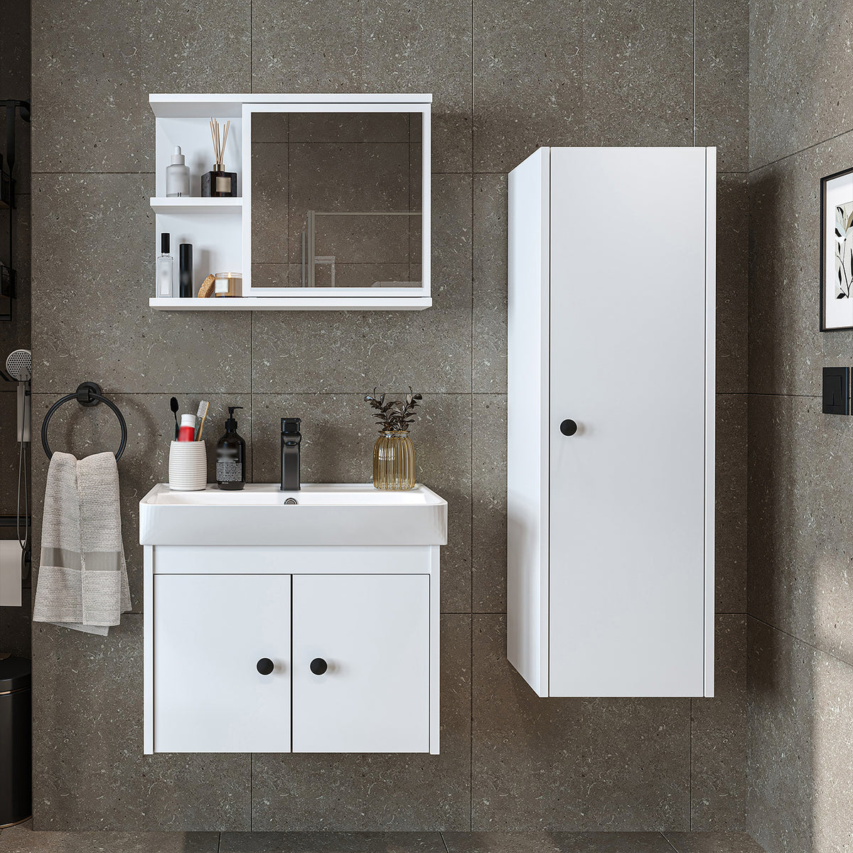 Roomart 4-teiliges Badmöbel-Set ADA, 60 cm, mit Waschbecken und Hochschrank, in 5 Farben