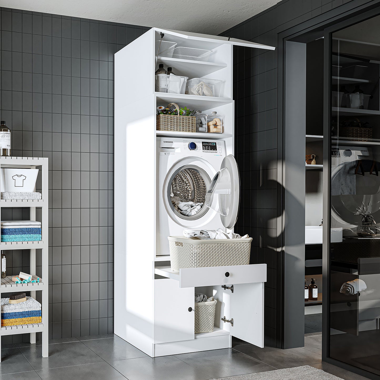 Roomart Armario para lavadora con estante extraíble - Blanco - Roble - Roble negro - armario para lavadora, estante para lavadora, torre de lavado, armario, blanco, lavadoras, armario bajo, lavadora, secadora, armario doméstico, armarios, armario de baño, armario alto