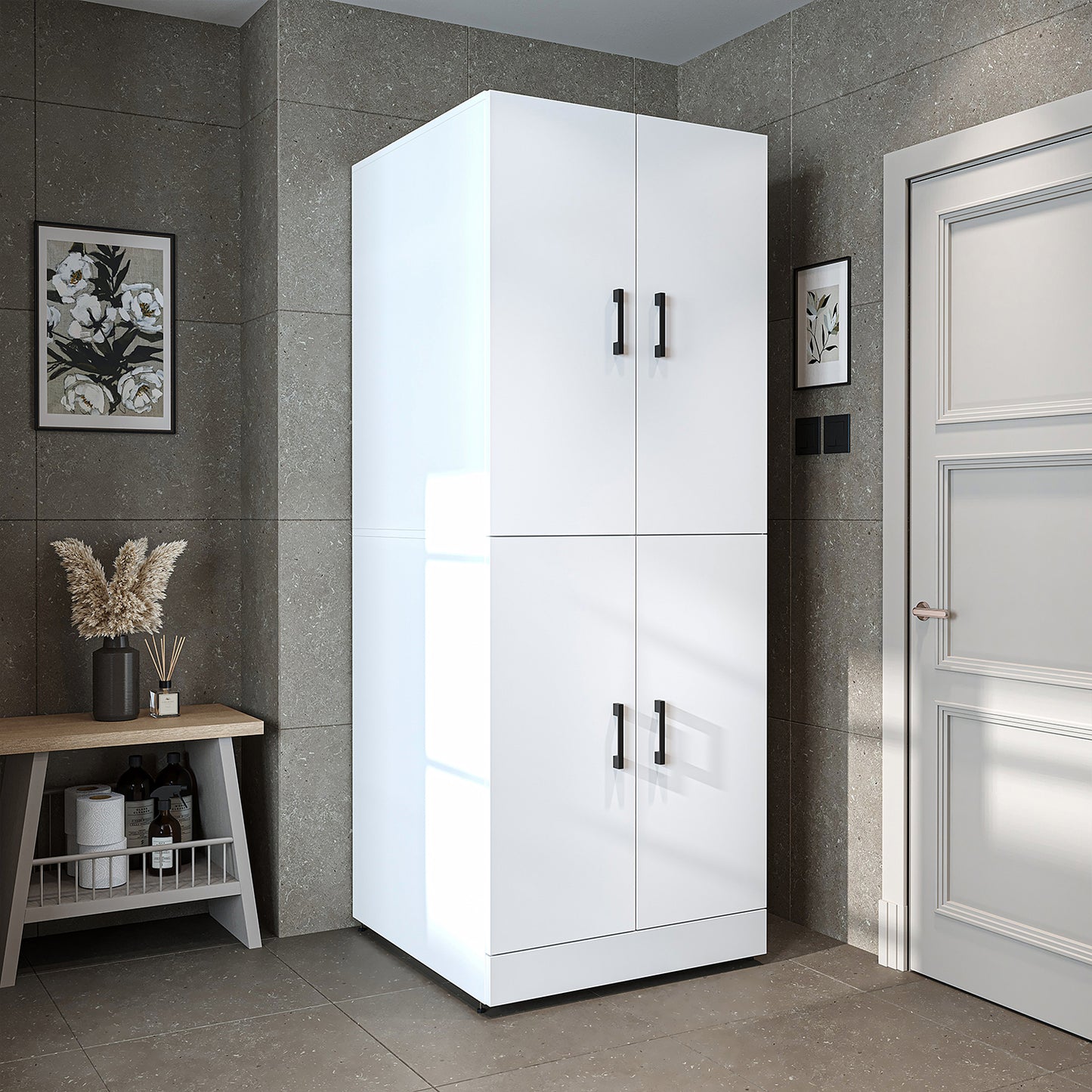 Roomart Waschmaschinenschrank " DORA " für Trockner & Waschmaschine, in 4 Farben, mit Türen & Ausziehbrett • Weiß • Weiß Eiche • Anthrazit Eiche • Eiche - waschmaschinenschrank, waschmaschinenregal, waschturm, schrank, weiß, waschmaschinen, unterschrank,
