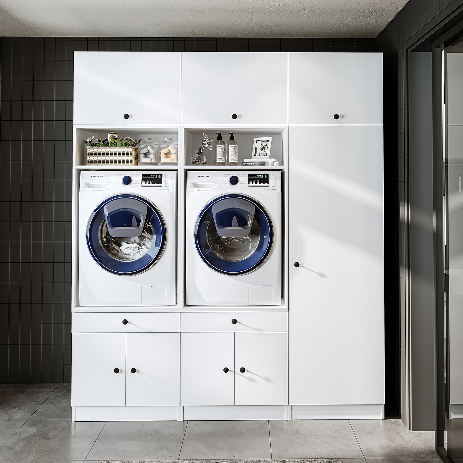 Mueble de pared Roomart para lavadero y cuarto de servicio, en 3 colores, con estante extraíble - blanco - roble negro - mueble para lavadora, estante para lavadora, torre para lavadora, mueble, blanco, lavadoras, mueble bajo, lavadora, secadora, mueble doméstico,