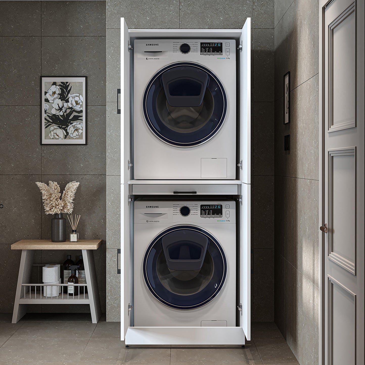 Roomart Waschmaschinenschrank " DORA " für Trockner & Waschmaschine, in 4 Farben, mit Türen & Ausziehbrett • Weiß • Weiß Eiche • Anthrazit Eiche • Eiche - waschmaschinenschrank, waschmaschinenregal, waschturm, schrank, weiß, waschmaschinen, unterschrank,