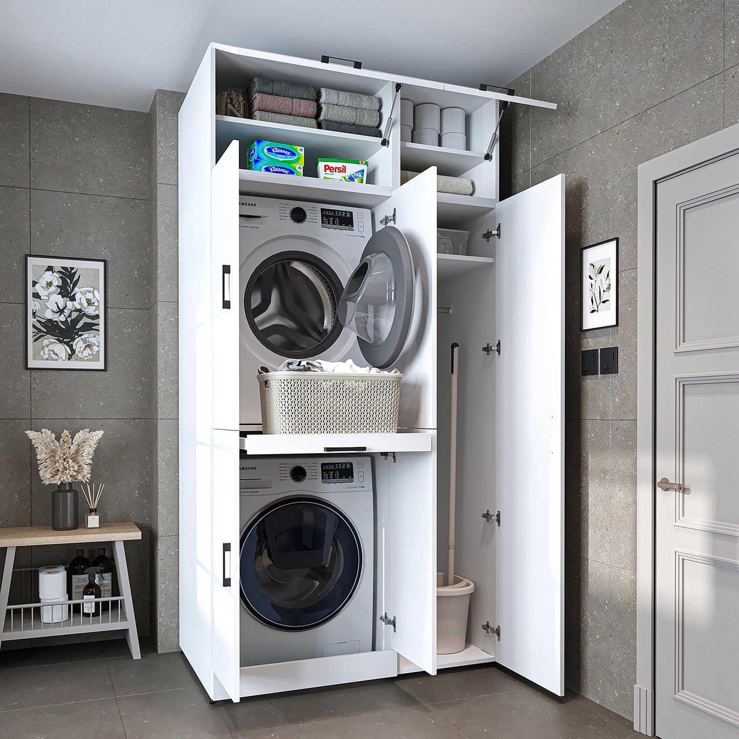 Roomart Waschmaschinenschrank " DORA SET" für Trockner & Waschmaschine, 115 cm breit, in 4 Farben, mit Türen & Ausziehbrett • Weiß • Weiß Eiche • Anthrazit Eiche • Eiche - waschmaschinenschrank, waschmaschinenregal, waschturm, schrank, weiß, waschmaschine