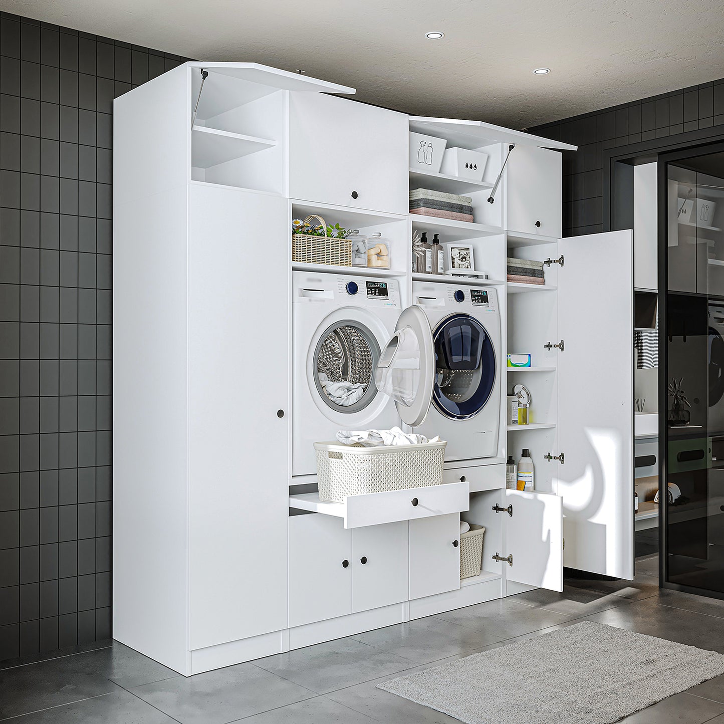 View details for Roomart Washing machine cabinet & wall unit for laundry room and utility room - 224 cm wide - with practical pull-out shelf - available in white, oak or black oak Roomart Washing machine cabinet & wall unit for laundry room and utility room - 224 cm wide - with practical pull-out shelf - available in white, oak or black oak