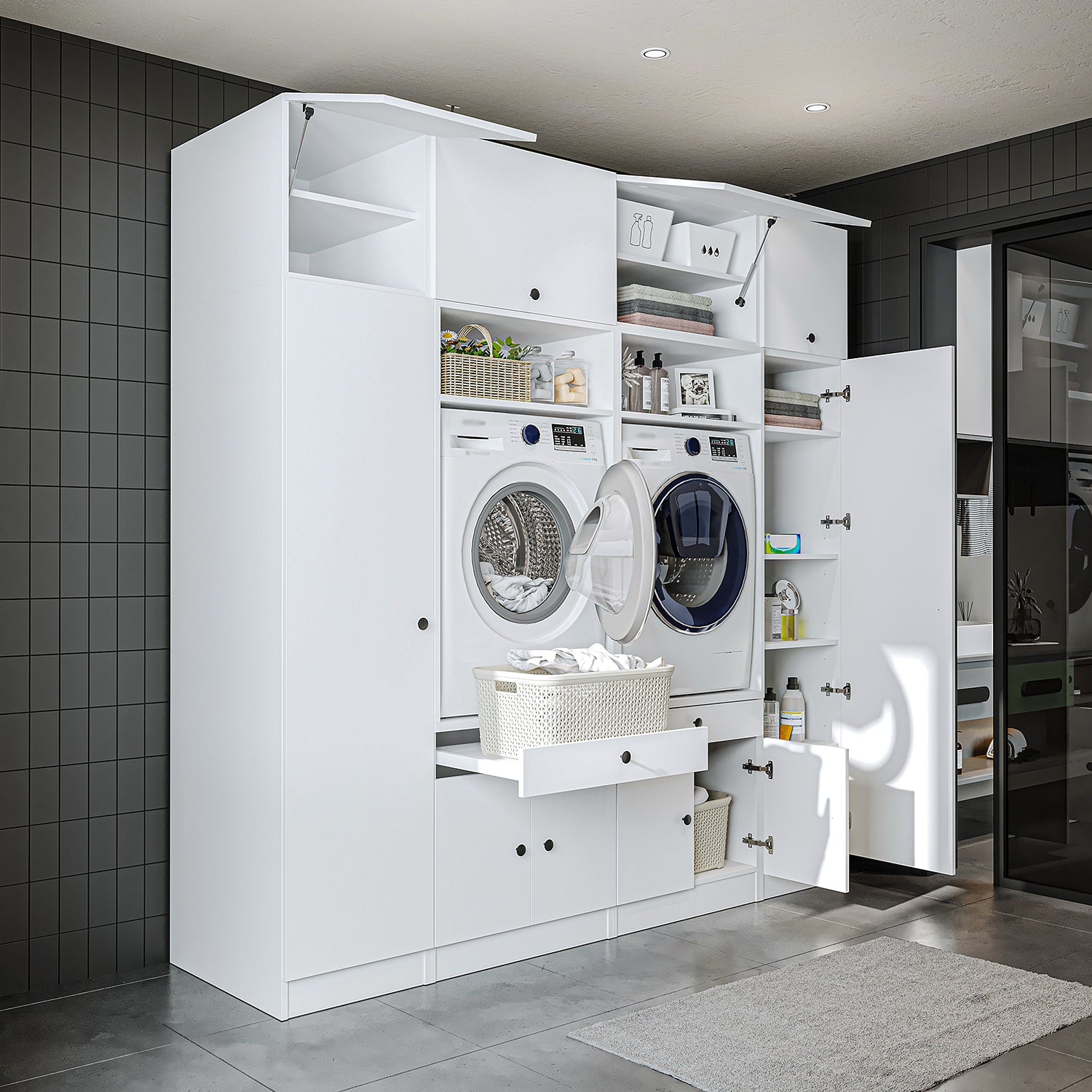 View details for Roomart Washing machine cabinet & wall unit for laundry room and utility room - 224 cm wide - with practical pull-out shelf - available in white, oak or black oak Roomart Washing machine cabinet & wall unit for laundry room and utility room - 224 cm wide - with practical pull-out shelf - available in white, oak or black oak