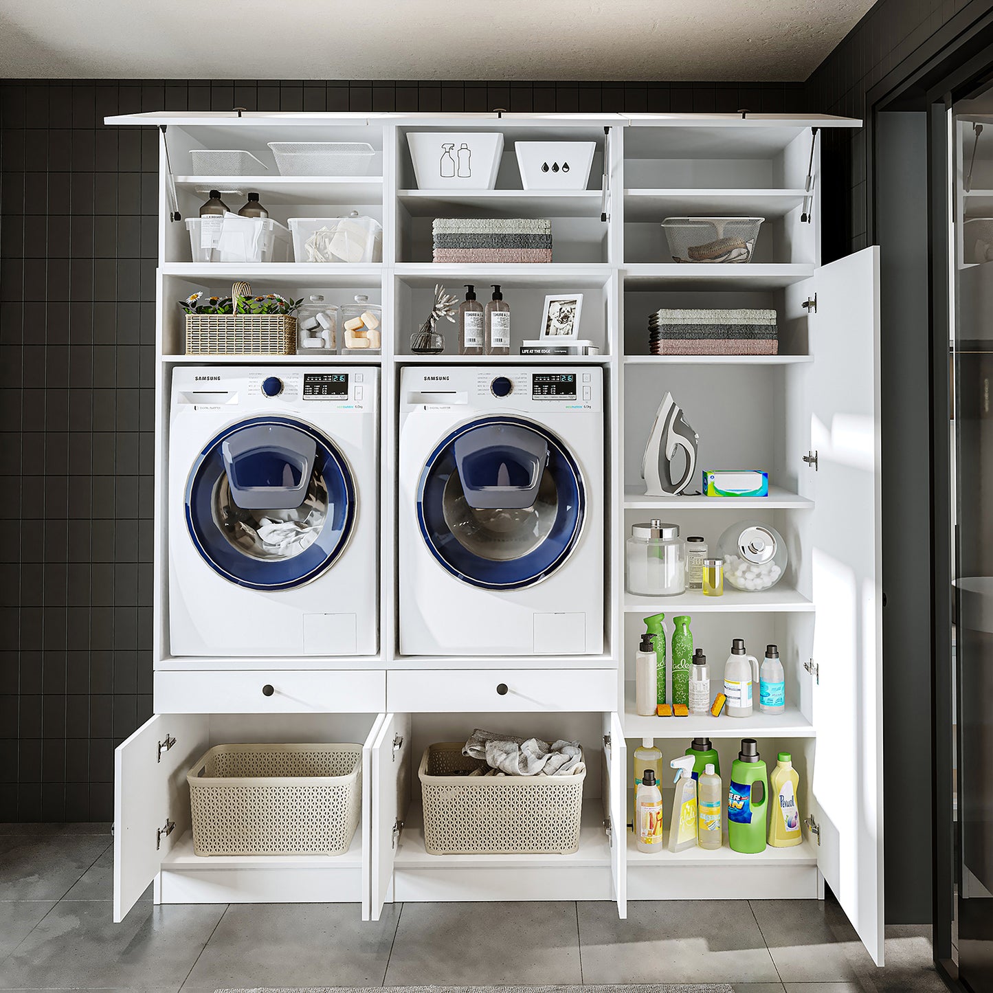 Roomart Schrankwand für Waschküche & Hauswirtschaftsraum, in 3 Farben, Mit Ausziehbrett • Weiß • Schwarz eiche - waschmaschinenschrank, waschmaschinenregal, waschturm, schrank, weiß, waschmaschinen, unterschrank, waschmaschine, trockner, haushaltsschrank,