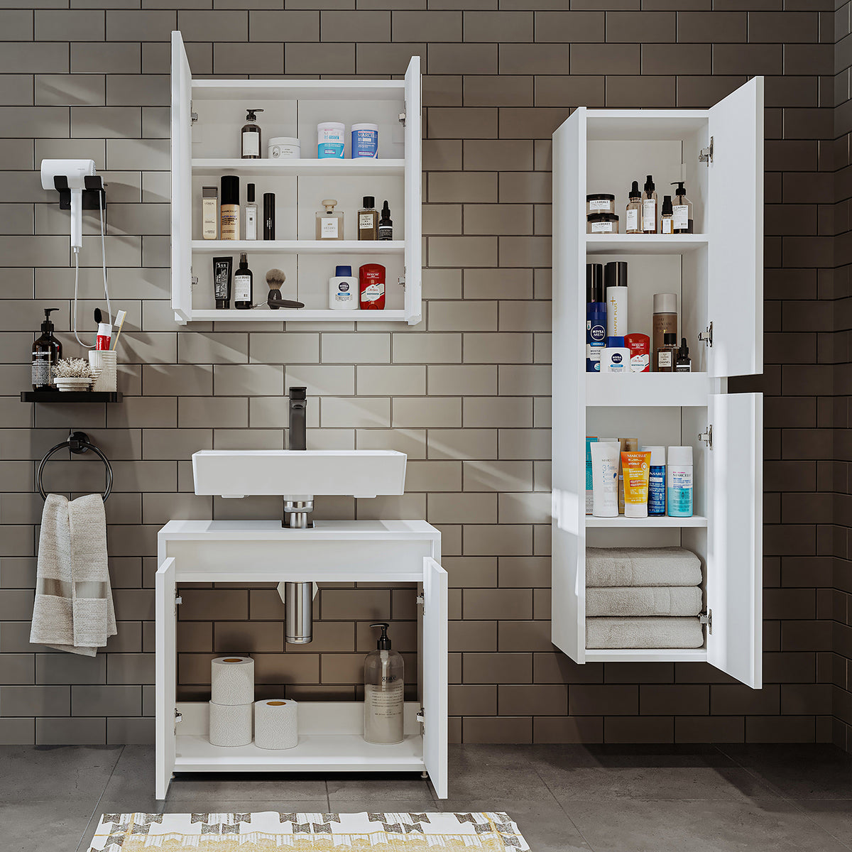 Roomart Badmöbel Set MELONA 3-teilig, in 4 Farben, 65cm Unterschrank • Spiegelschrank • Hochschrank-badezimmerschrank, waschbecken, badezimmermöbel, badschrank, badezimmer, mit, unterschrank, badmöbel, set, waschtisch, möbel, badezimmermãbel, bad, badezim