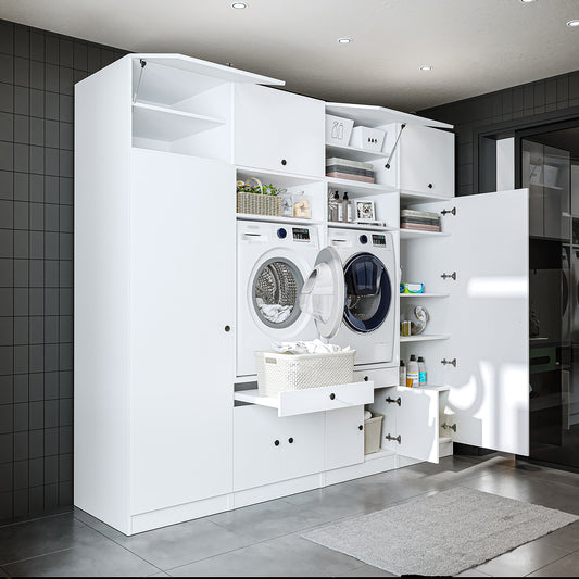 Roomart mueble de pared para lavadero - 254 cm de ancho - con estante extraíble - en - blanco - roble - roble negro - mueble de baño, lavabo, mueble de baño, mueble de baño, baño, con, mueble de baño, mueble de baño, conjunto, lavabo, mueble, ba