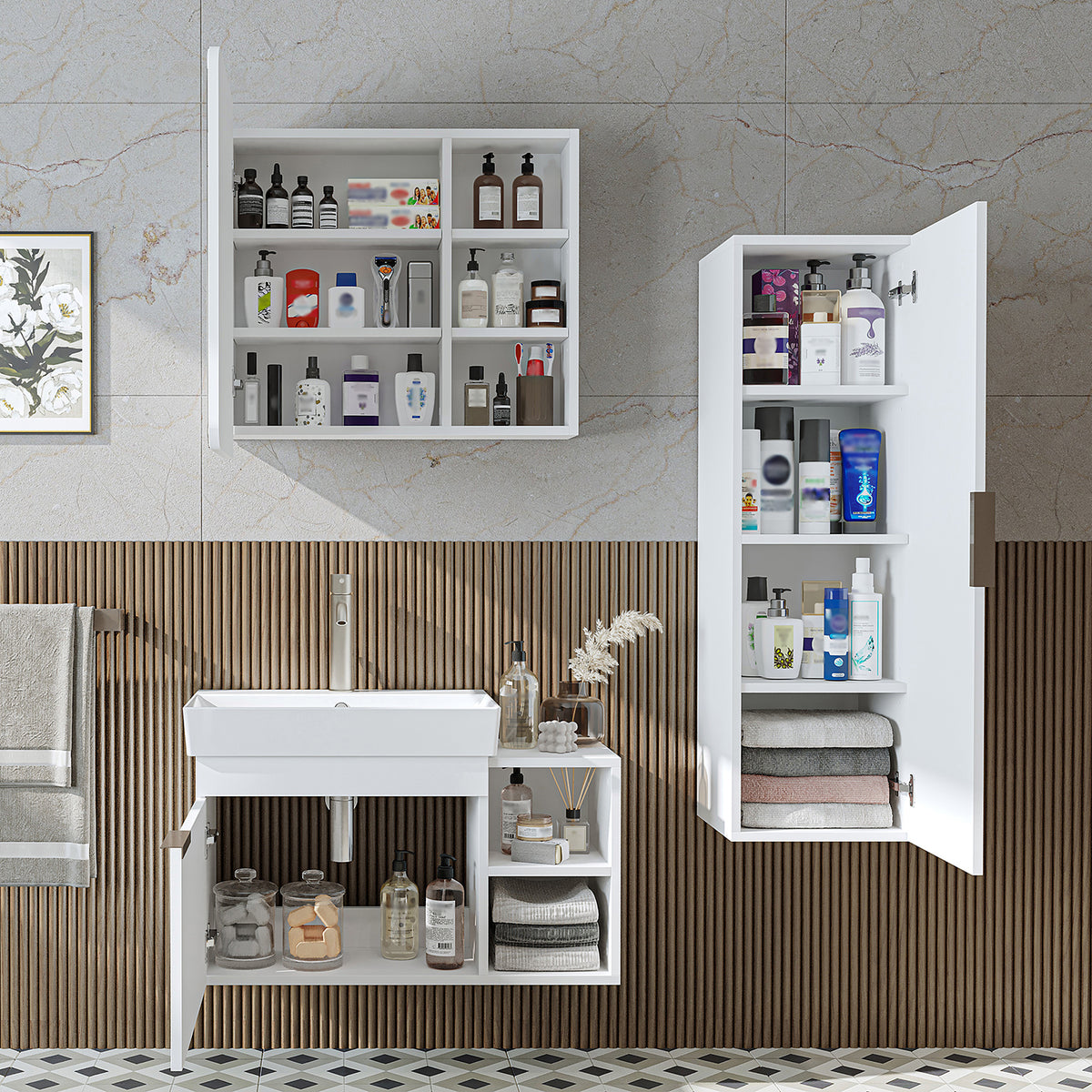 Roomart Badmöbel-Set LYCIA 82 cm, 4-teilig mit Spiegelschrank und Hochschrank, in 4 Farben