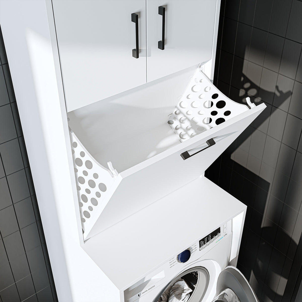 Roomart, washing machine cabinet LUNA, washing machine superstructure with laundry basket, WDH: 65 X 181 X 65 cm, in white, oak, anthracite oak, oak - washing machine cabinet, washing machine shelf, washing tower, cabinet, white, washing machines, base cabinet, washing machine, t