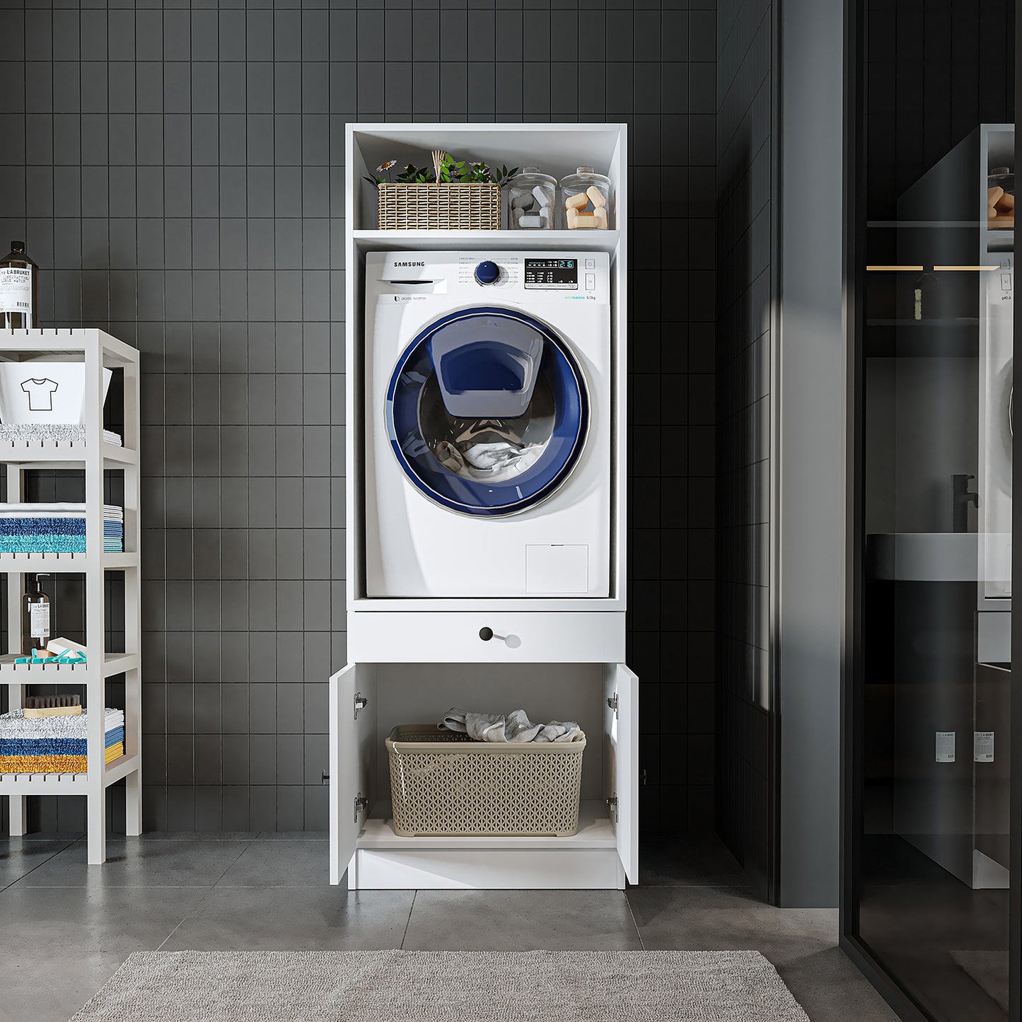 Roomart Armario para lavadora con estante extraíble - Blanco - Roble - Roble negro - armario para lavadora, estante para lavadora, torre de lavado, armario, blanco, lavadoras, armario bajo, lavadora, secadora, armario doméstico, armarios, armario de baño, armario alto