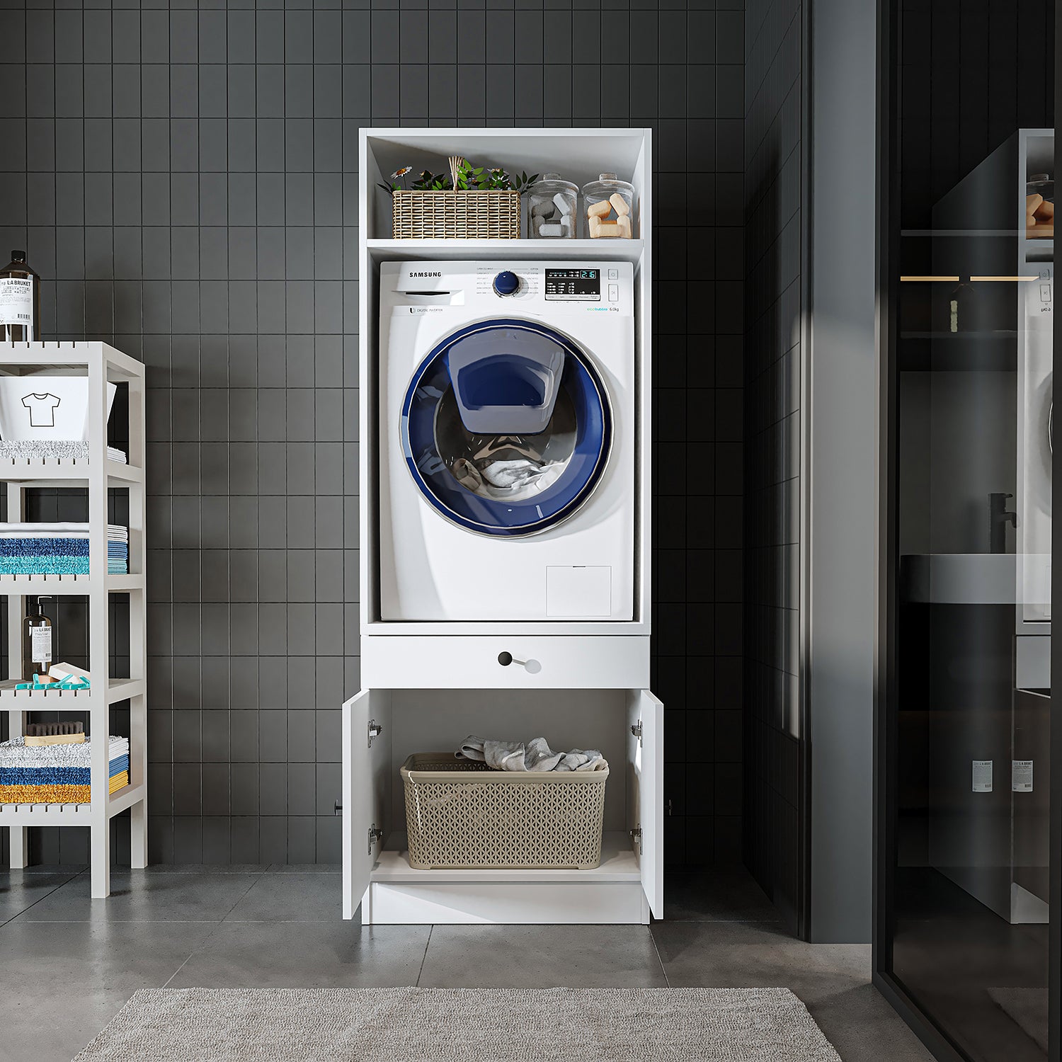 Roomart Waschmaschinenschrank mit Ausziehbrett • Weiß • Eiche • Schwarz eiche - waschmaschinenschrank, waschmaschinenregal, waschturm, schrank, weiß, waschmaschinen, unterschrank, waschmaschine, trockner, haushaltsschrank, schränke, badschrank, hochschran