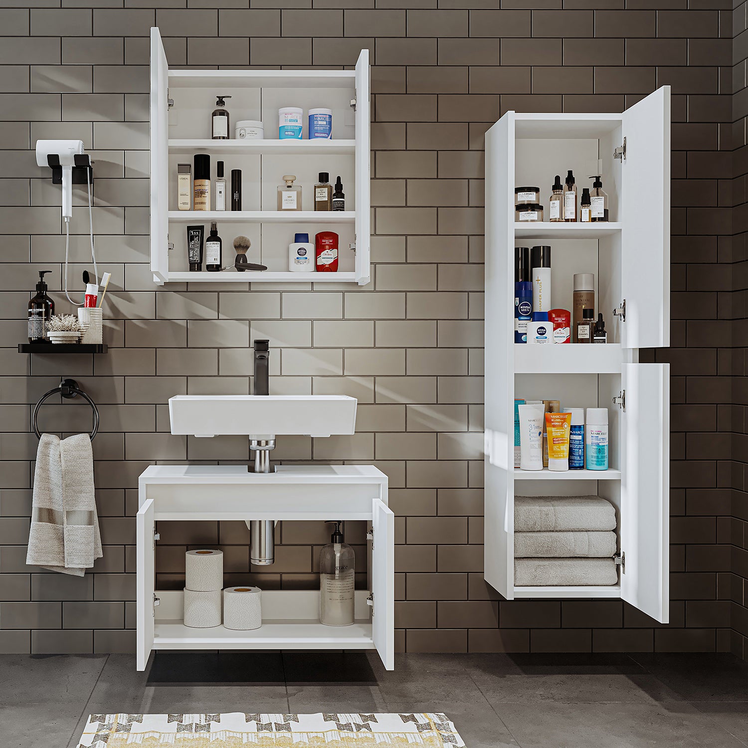 Roomart bathroom furniture set MELONA 3-piece, in 4 colors, 65cm vanity unit - mirror cabinet - tall cabinet- bathroom furniture, set, drain, washbasin, bathroom, furniture, bathroom furniture, bathroom, washbasin vanity unit, cm, wide, modern, washbasin, deep, with, vanity unit