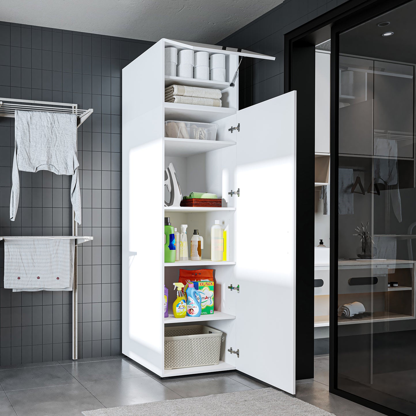 Roomart • DORA Hochschrank 60cm Breit • Weiß • Weiß Eiche • Eiche • Anthracit Eiche - waschmaschinenschrank, waschmaschinenregal, waschturm, schrank, weiß, waschmaschinen, unterschrank, waschmaschine, trockner, haushaltsschrank, schränke, badschrank, hoch