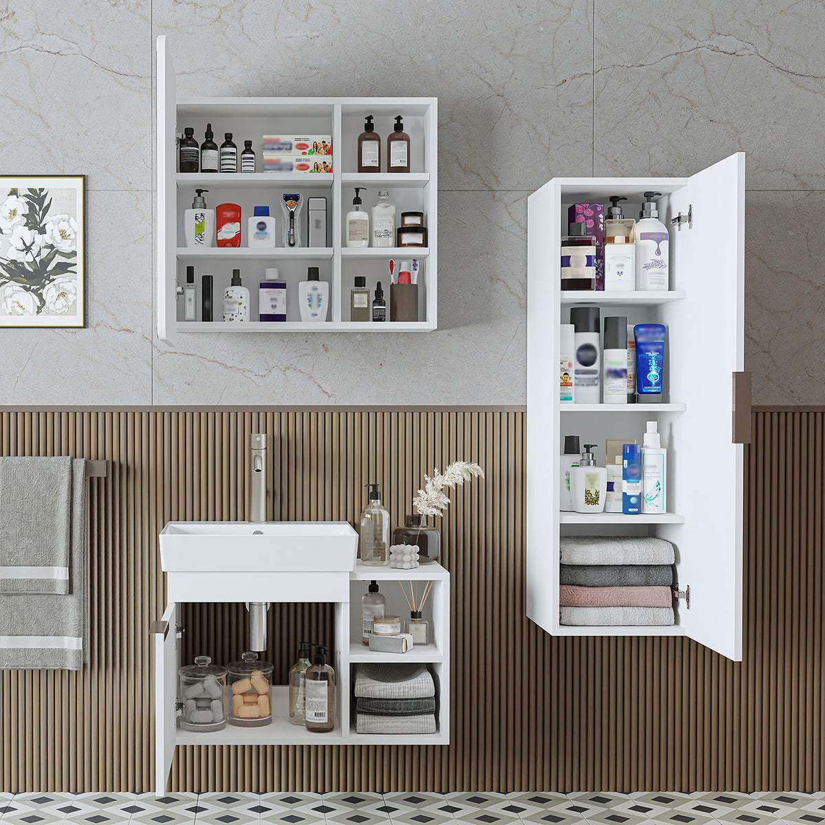 Roomart Badmöbel-Set LYCIA 72 cm, 4-teilig mit Spiegelschrank und Hochschrank, in 4 Farben
