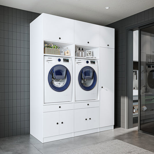 Mueble de pared Roomart para lavadero y cuarto de servicio, en 3 colores, 179 cm de ancho, Con estante extraíble - Blanco - Roble negro mueble para lavadora, estante para lavadora, torre de lavado, mueble, blanco, lavadoras, mueble bajo, lavadora, secadora, haush