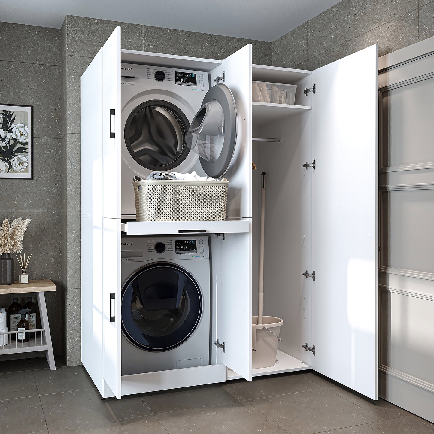 Roomart Waschmaschinenschrank " DORA SET" für Trockner & Waschmaschine, 130 cm breit, in 4 Farben, mit Türen & Ausziehbrett • Weiß • Weiß Eiche • Anthrazit Eiche • Eiche - waschmaschinenschrank, waschmaschinenregal, waschturm, schrank, weiß, waschmaschine