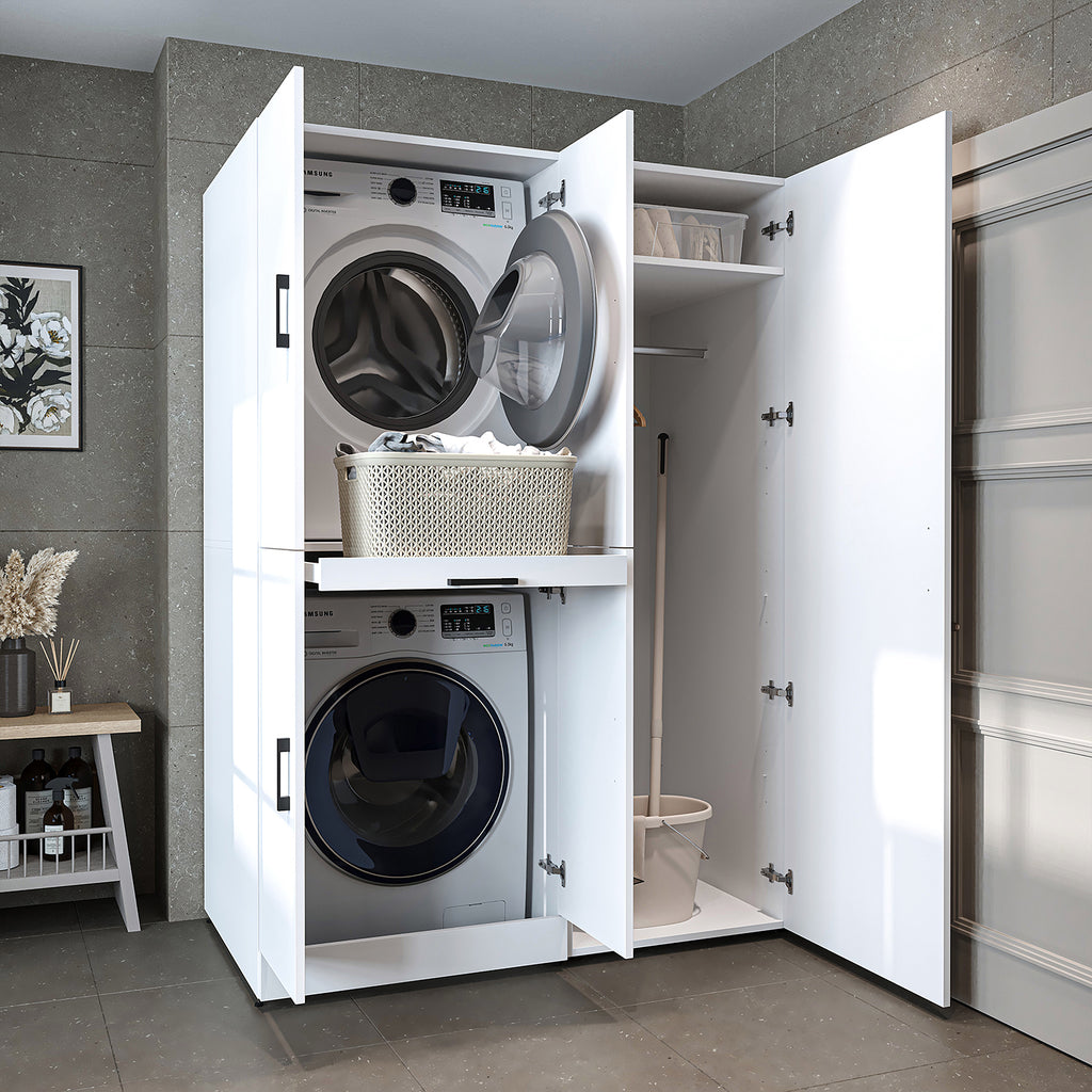 Roomart washing machine cabinet " DORA SET" for dryer & washing machine, 130 cm wide, in 4 colors, with doors & pull-out shelf - white - white oak - anthracite oak - oak - washing machine cabinet, washing machine shelf, washing tower, cabinet, white, washing machine