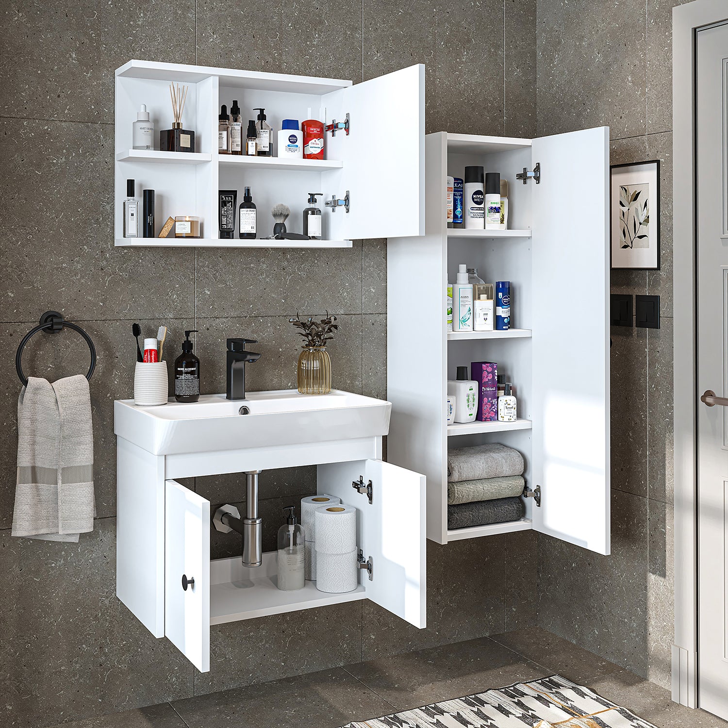 Bathroom furniture set - ADA - Vanity unit with washbasin - Mirror cabinet - Side cabinet - Bathroom furniture - bathroom cabinet, washbasin, bathroom furniture, bathroom cabinet, bathroom, with, vanity unit, bathroom furniture, set, washbasin, furniture, bathroom, bathroom
