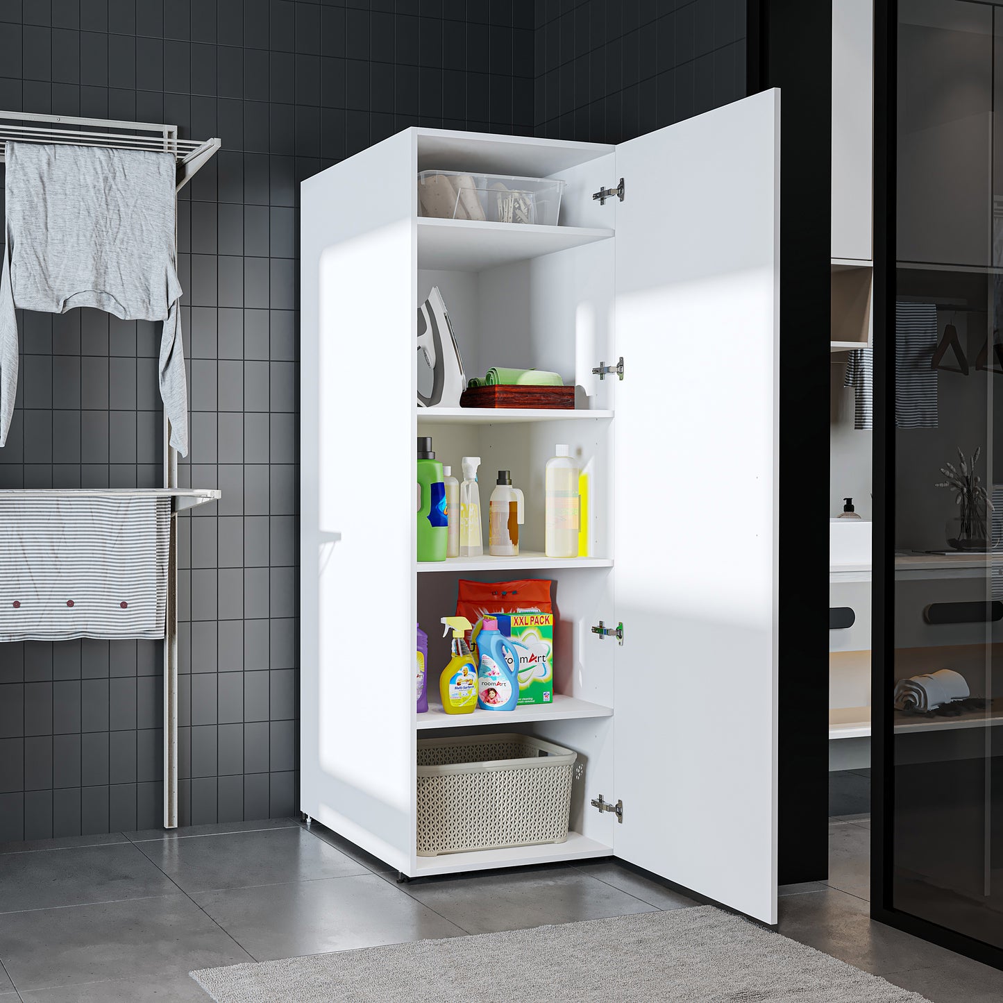 Roomart • DORA Hochschrank 60cm Breit • Weiß • Weiß Eiche • Eiche • Anthracit Eiche - waschmaschinenschrank, waschmaschinenregal, waschturm, schrank, weiß, waschmaschinen, unterschrank, waschmaschine, trockner, haushaltsschrank, schränke, badschrank, hoch