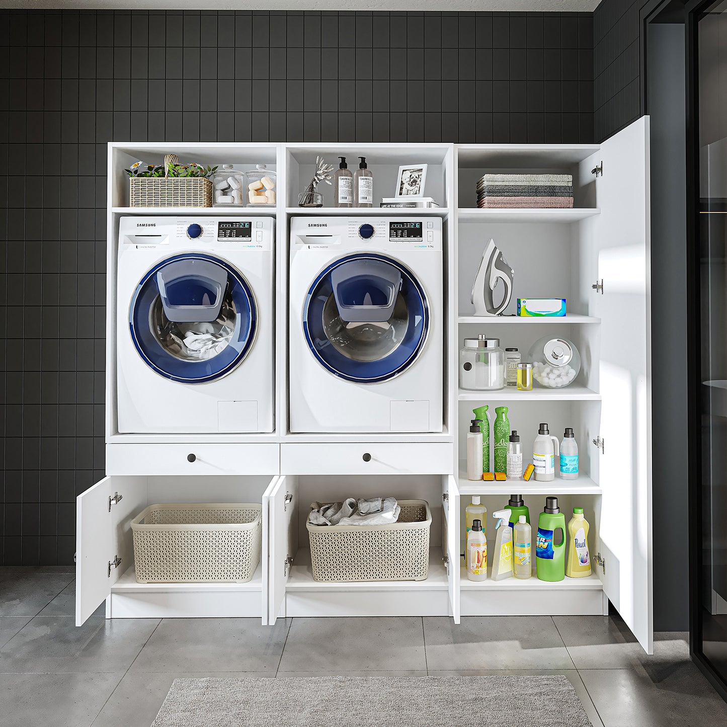 Roomart Schrankwand für Waschküche & Hauswirtschaftsraum, in 3 Farben, Mit Ausziehbrett • Weiß • Schwarz eiche - waschmaschinenschrank, waschmaschinenregal, waschturm, schrank, weiß, waschmaschinen, unterschrank, waschmaschine, trockner, haushaltsschrank,