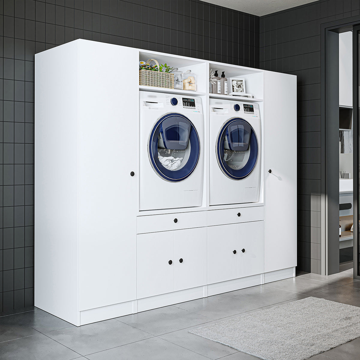 Ver detalles de Roomart Armario para lavadora y mueble alto para lavadero y cuarto de servicio - 224 cm de ancho - con práctico estante extraíble - disponible en blanco, roble o roble negro Roomart Armario para lavadora y mueble alto para lavadero y cuarto de servicio - 224 cm de ancho - con práctico estante extraíble - disponible en blanco, roble o roble negro