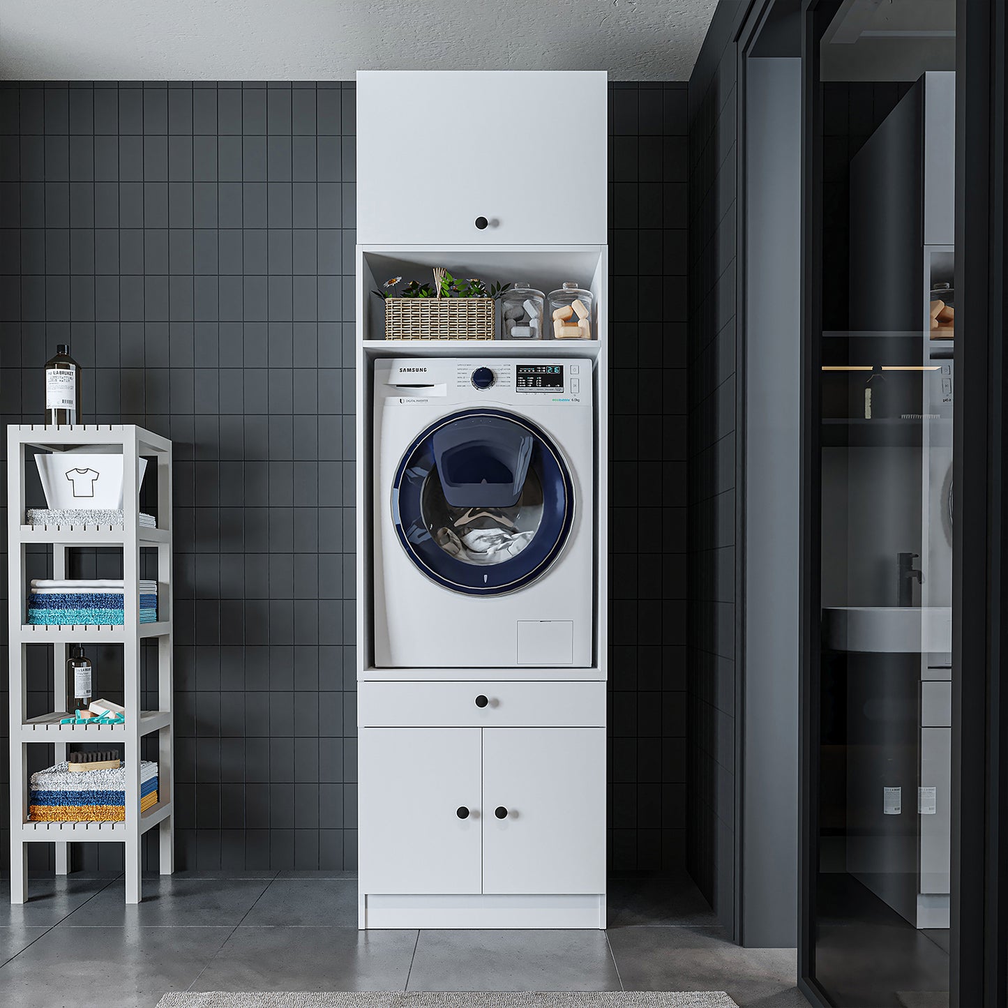 Roomart Armario para lavadora con estante extraíble - Blanco - Roble - Roble negro - armario para lavadora, estante para lavadora, torre de lavado, armario, blanco, lavadoras, armario bajo, lavadora, secadora, armario doméstico, armarios, armario de baño, armario alto