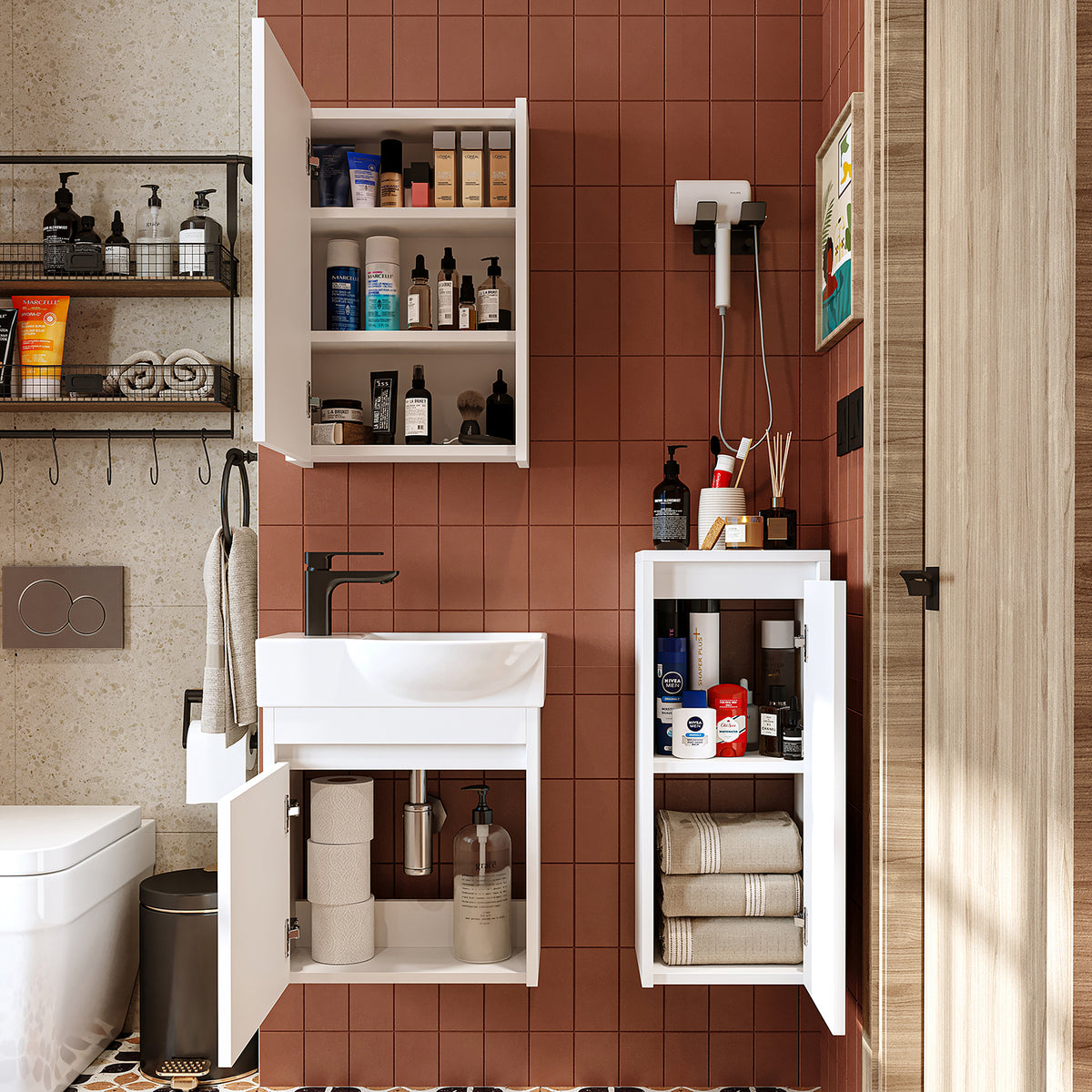 badezimmer, set, waschbecken, mit, unterschrank, bad, schrank, breit, spiegelschrank, badmöbel, waschtisch, für, badschrank, hochschrank, waschbeckenunterschrank, weiß, beleuchtung, badezimmerschrank, regal, badezimmermöbel, möbel