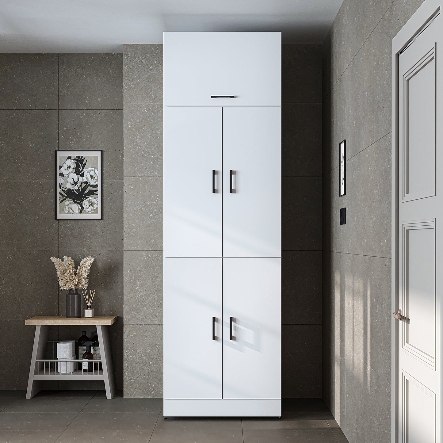 Roomart Waschmaschinenschrank " DORA " für Trockner & Waschmaschine, in 4 Farben, mit Türen & Ausziehbrett • Weiß • Weiß Eiche • Anthrazit Eiche • Eiche - waschmaschinenschrank, waschmaschinenregal, waschturm, schrank, weiß, waschmaschinen, unterschrank,