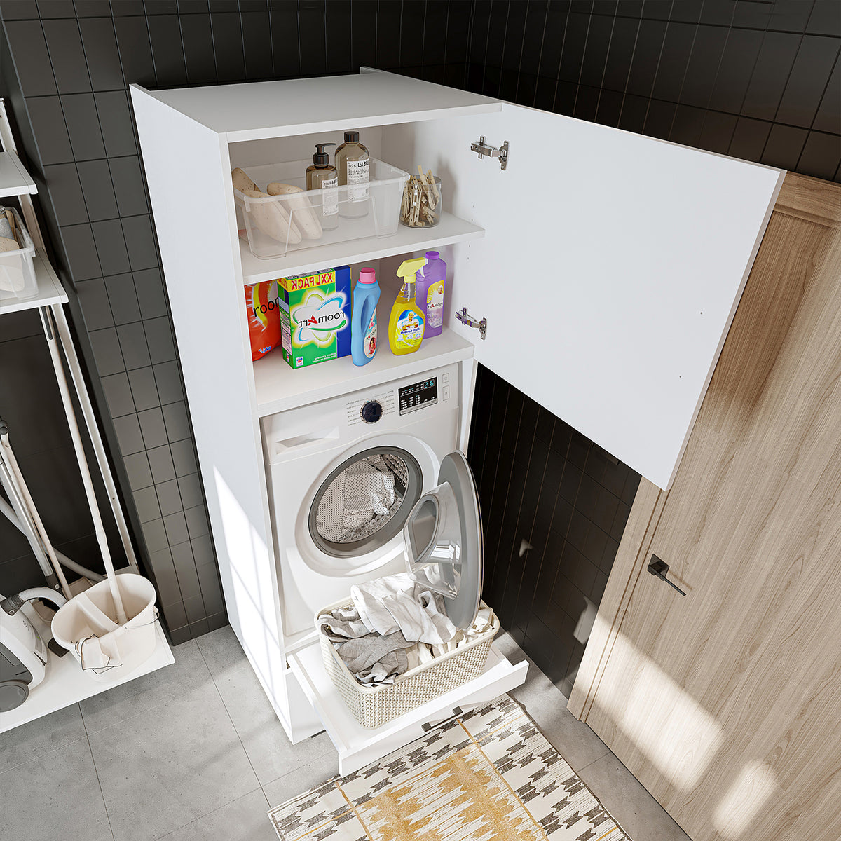 Roomart Waschmaschinenschrank 205 cm mit Überbau und Ausziehbrett, in 3 Farben
