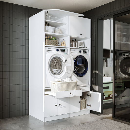 Roomart Armoire double pour machines à laver, avec étagère coulissante, en 3 couleurs, HBT : 230 x134x67 cm - armoire pour machines à laver, étagère pour machines à laver, tour de lavage, armoire, blanche, machines à laver, armoire basse, lave-linge, sèche-linge, armoire ménagère, armoire