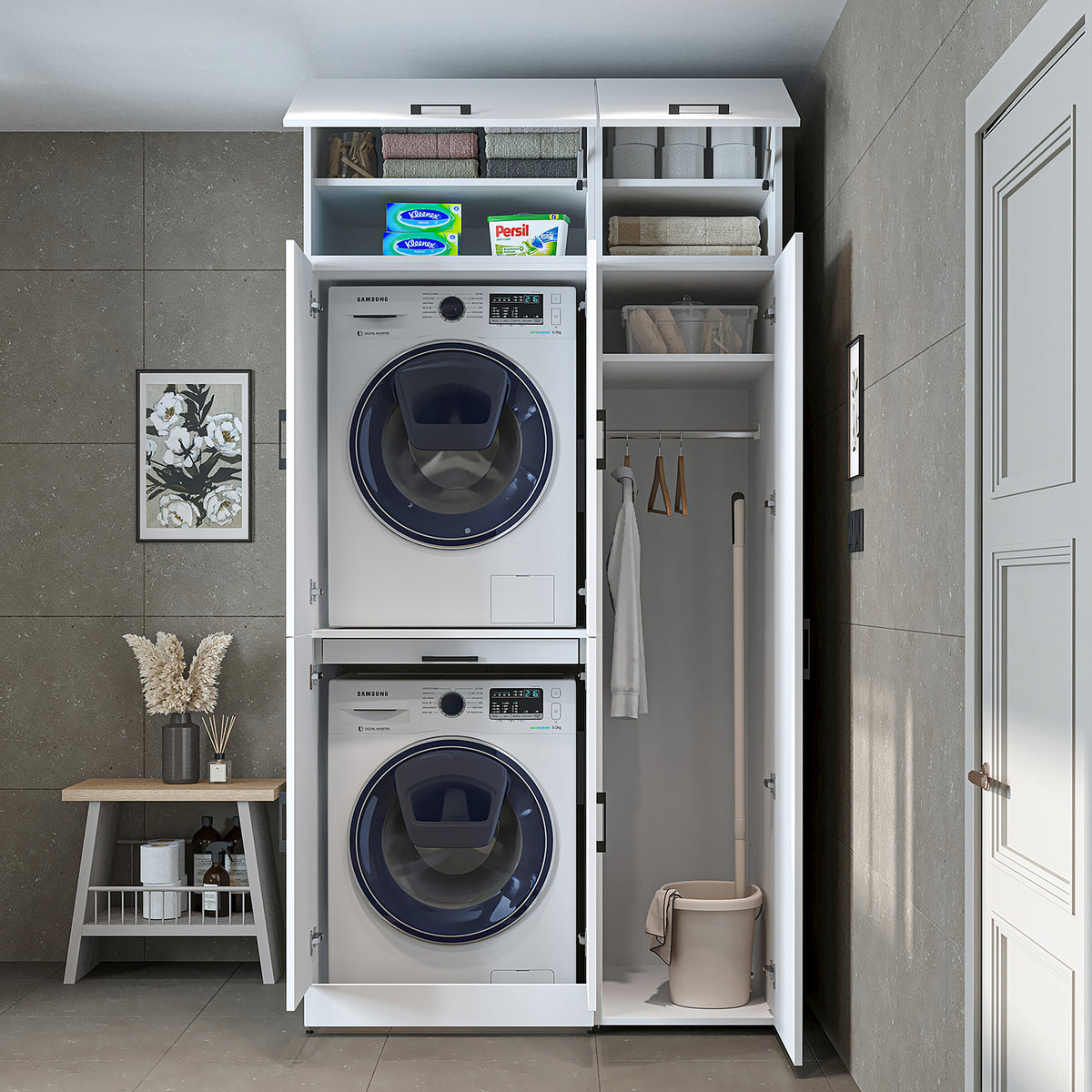 Armadio per lavatrice "DORA SET" per asciugatrice e lavatrice, larghezza 115 cm, in 4 colori, con ante e ripiano estraibile - bianco - rovere bianco - rovere antracite - rovere - armadio per lavatrice, scaffale per lavatrice, torre per lavatrice, armadio, bianco, lavatrice